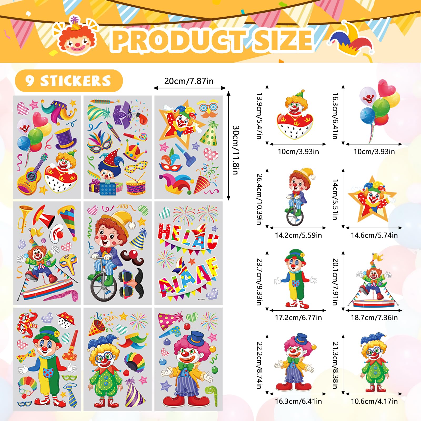 Shinybox Zelfklevende clownramen, 9 vellen, raamafbeeldingen, carnaval, herbruikbaar, verjaardagsfeest, clown, decoratie, raamafbeeldingen, stickers, party decoratie (B