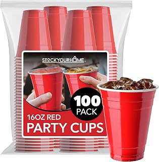 Red Plastic Cups Disposable, 16oz (100 Count) Heavy-Duty, Large Party Cup Pack Bulk Pack for Drinking Punch, Soda, Wine, Beer, 4th of July, Halloween