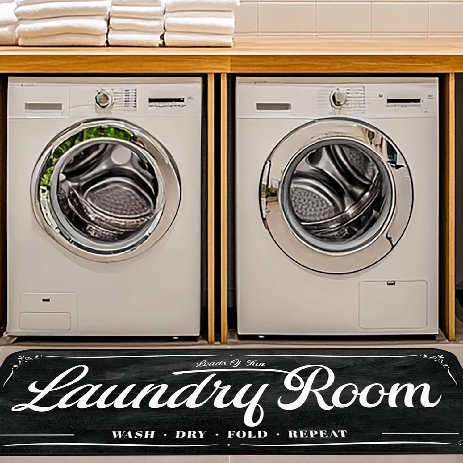 Laundry Room Rug Runner 20"X59" Non Slip TPRback Laundry Rugs for Laundry Decor Bordered Design Washable Runner Rugs for Kitchen Floor Laundry Room Bathroom Hallway Entryway Area Rugs-Black-2