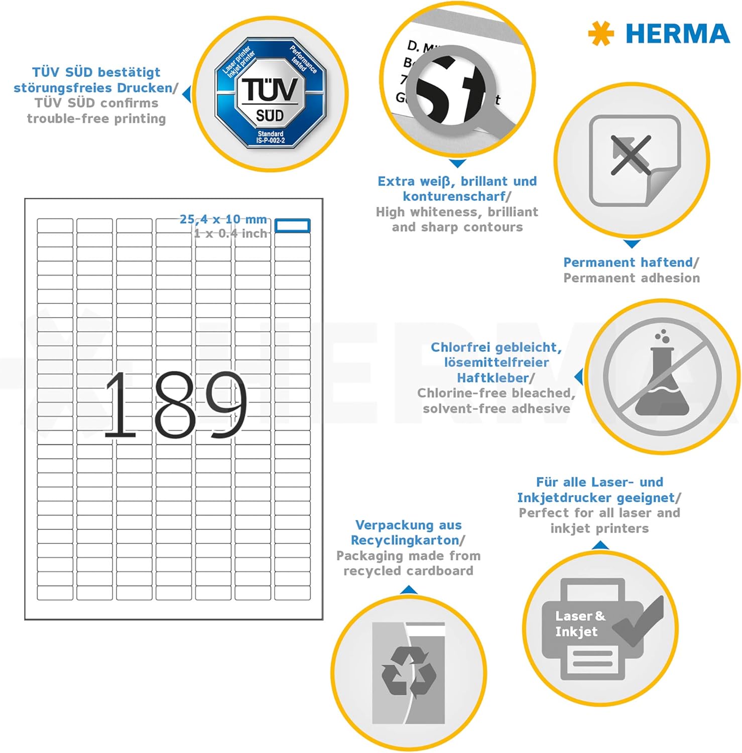 HERMA 4333 Self Adhesive Multipurpose Labels, 189 Labels per A4 Sheet, 25 Sheets, 25.4 x 10 mm, 4725 Labels, Blank Universal Labels Stickers, Sticky Labels for Laser & Inkjet Printer, White