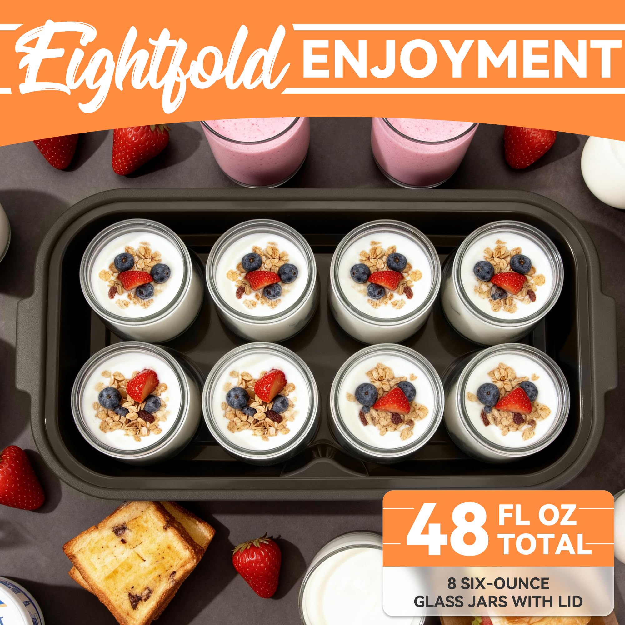 JoyMech Máquina para hacer yogurt, 8 tarros de vidrio con tapas reutilizables para yogur, avena, pudín o gelatina, marcial de grado alimenticio, control de un solo toque, yogur casero