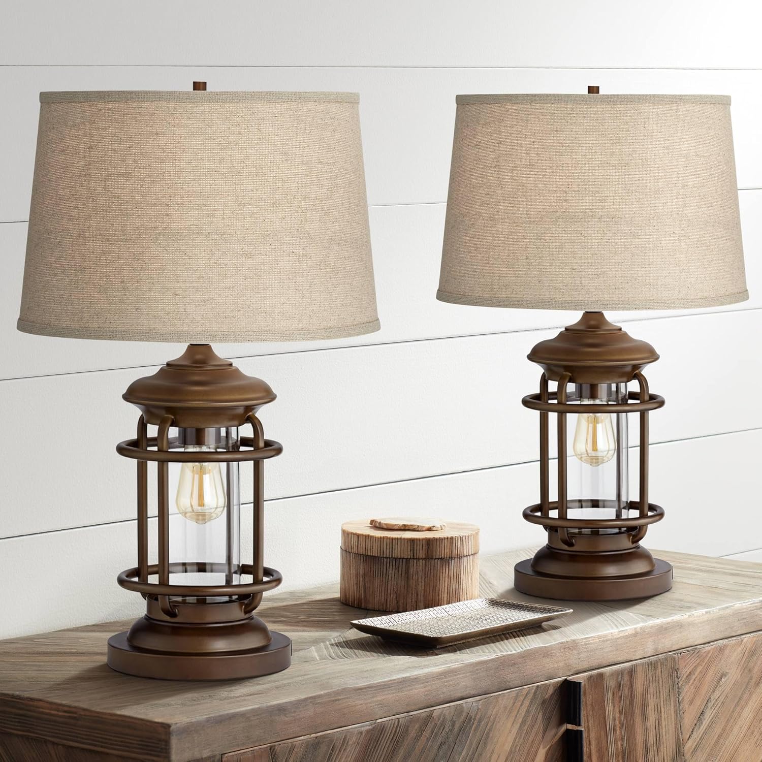 Franklin Iron Works Andreas 26" High Lantern Industrial Farmhouse Rustic Coastal Table Lamps Set of 2 USB Port Night Light Brown Metal Oatmeal Shade Living Room Charging Bedroom Bedside Nightstand