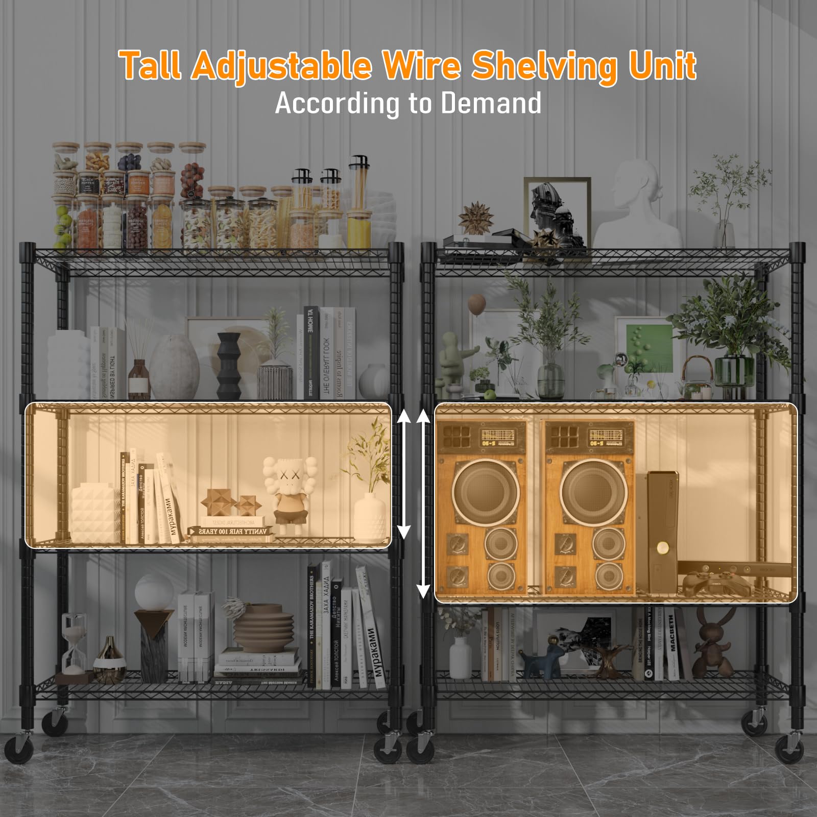 Himimi Rek met wieltjes, metalen rek op wielen, in hoogte verstelbaar, staand opbergrek met 5 planken en haken, staand rek, rolrek voor keuken, voorraadkast, kelder, 35 D x 76 B x 158