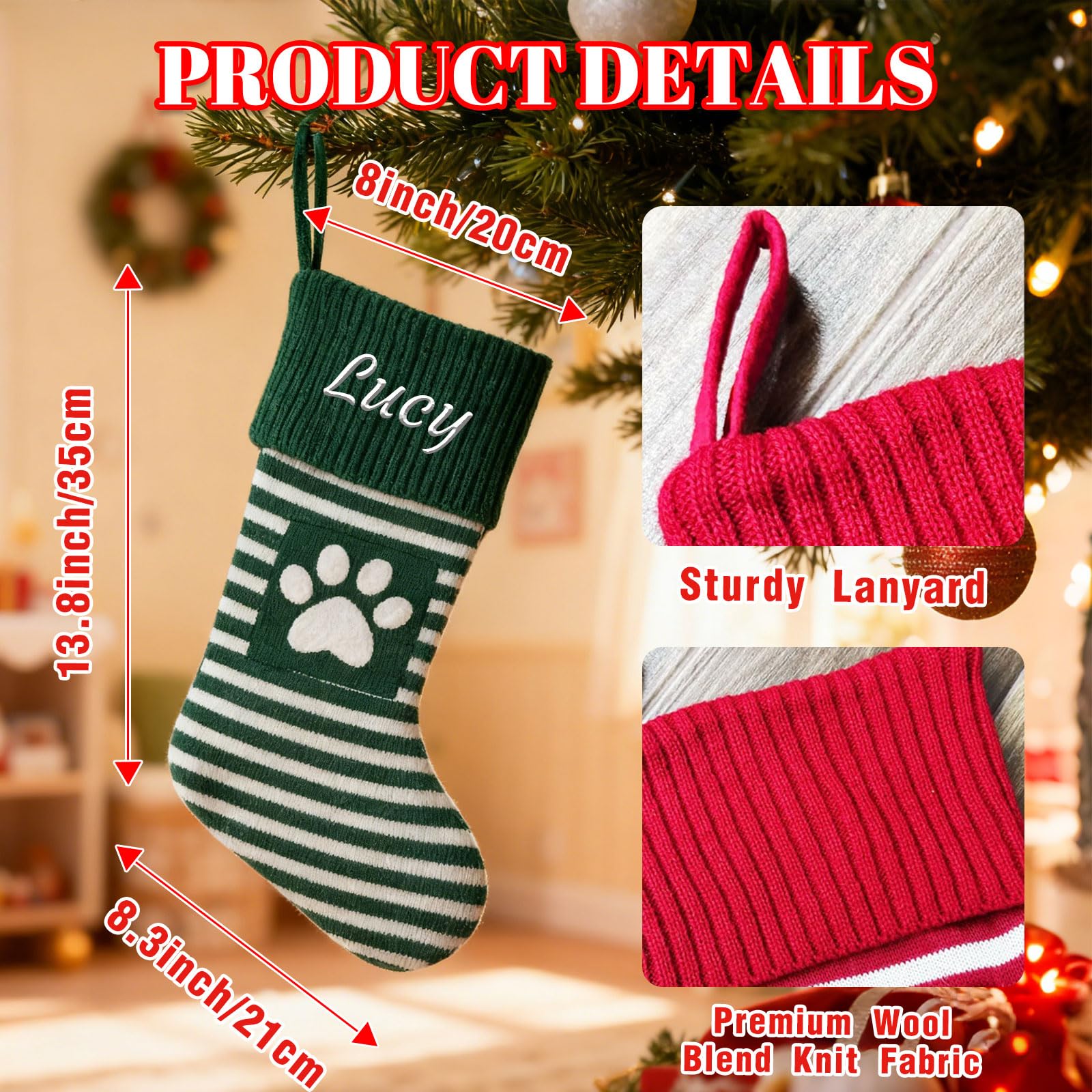 Generisch 6 PCS Personalisiert Weihnachtsstrumpf, Namensstickerei, 35 cm | Rot-Grün Gestreifter Strickstrumpf, 13.8zoll, Weihnachtsdeko für Familie & Haustiere