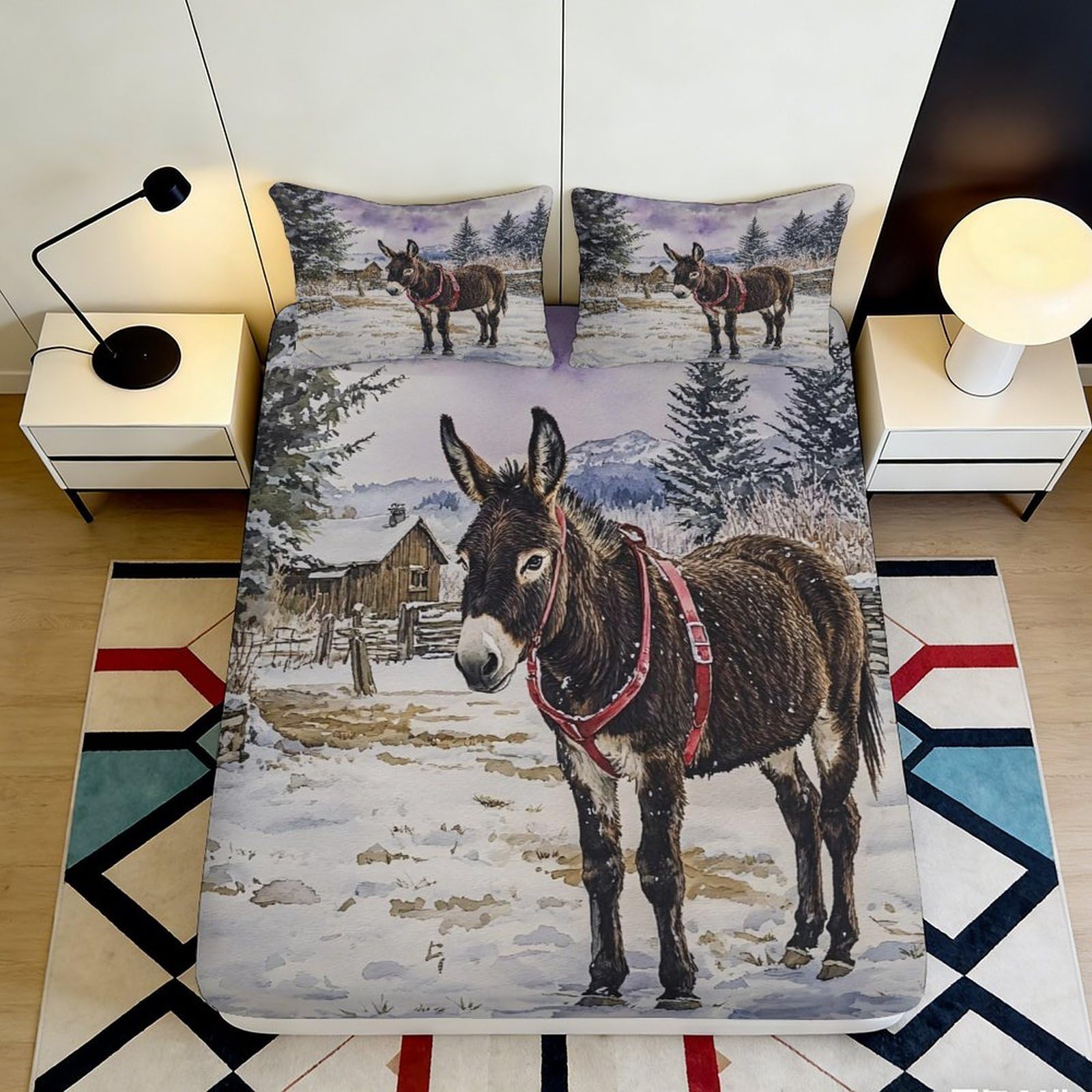 3D Printed Winter Donkey Fitted Sheet Microfiber Soft Mattress Cover Rustic Farmhouse Bedroom Decor 120x200cm 90x200x25cm