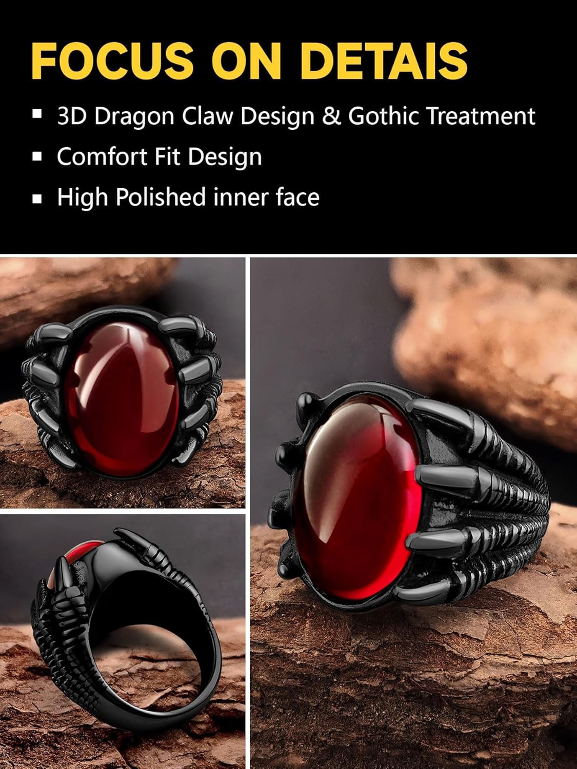 Men's Stainless Steel Dragon Claw Ring - Gothic Biker Style with Black/18K Gold Finish, Red/Black Gemstone, Crystal Stone Signet Ring Punk Jewelry, Size 7-14, Includes Gift Box - Image 3