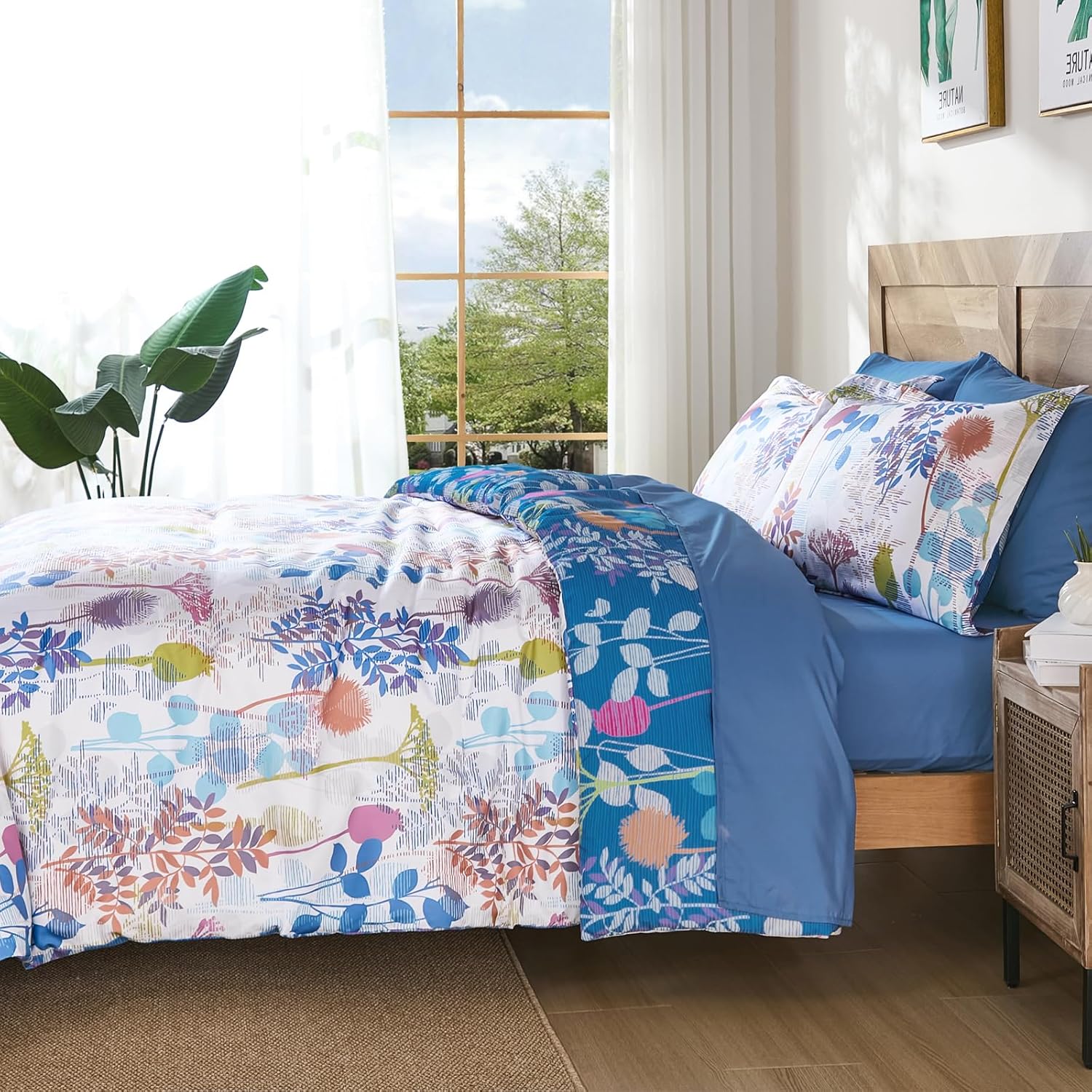Anibedding 7Pieces Queen Comforter Set, Blue Botanical Bed in a Bag Complete Set with Sheet Pillowcase for Bedroom All Season