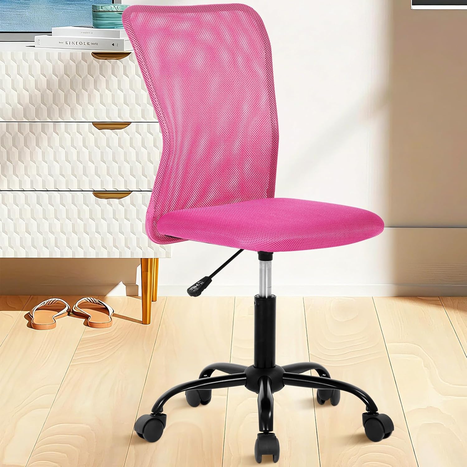 Home Office Chair, Computer Mid Back Mesh Chair, Height Adjustable Small Modern Task Chairs, No Armrest Rolling Swivel Student Desk Chairs with Wheels, Pink