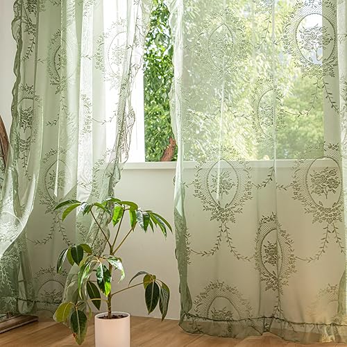 Miniatura 3 de Deeprove Juego de 2 paneles de cortinas de encaje verde de 84 pulgadas de largo, con volantes florales bohemios traslúcidos, estilo shabby chic,