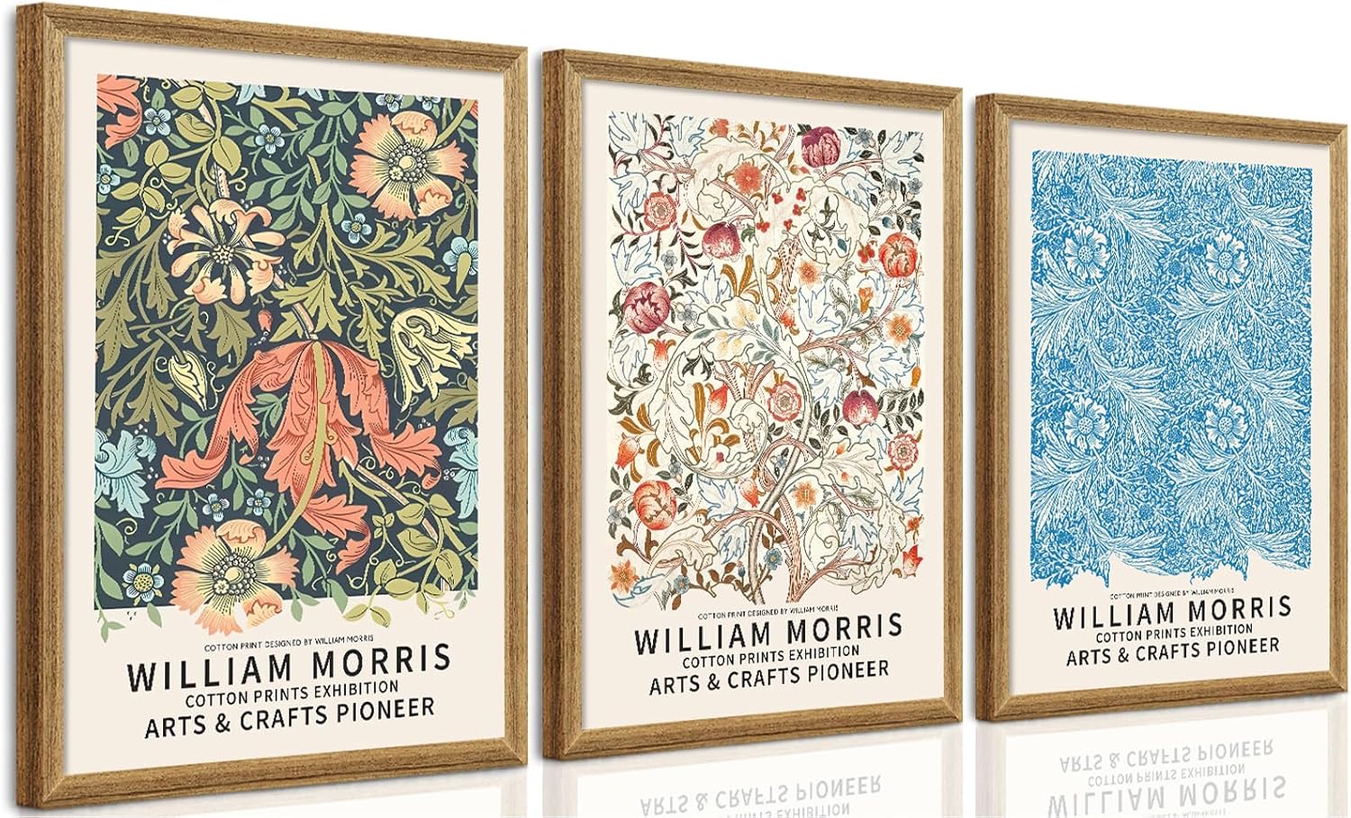 SYWENNOI 3 Pieces Wood Frames Vintage Floral Canvas Wall Art, William Morris Textured Art Wall Decor, Greens Indigos and Terracottas Botanical Designs Prints for Living Room Bedroom Offices 12x16 In