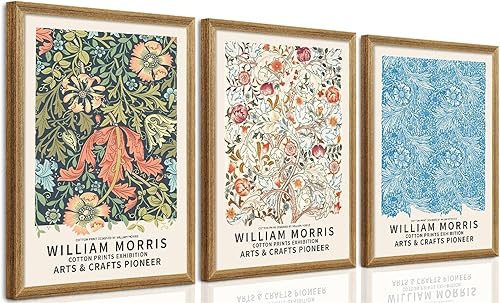 SYWENNOI 3 marcos de madera vintage en lienzo floral para pared, arte texturizado de William Morris, decoración de pared, índigos verdes y