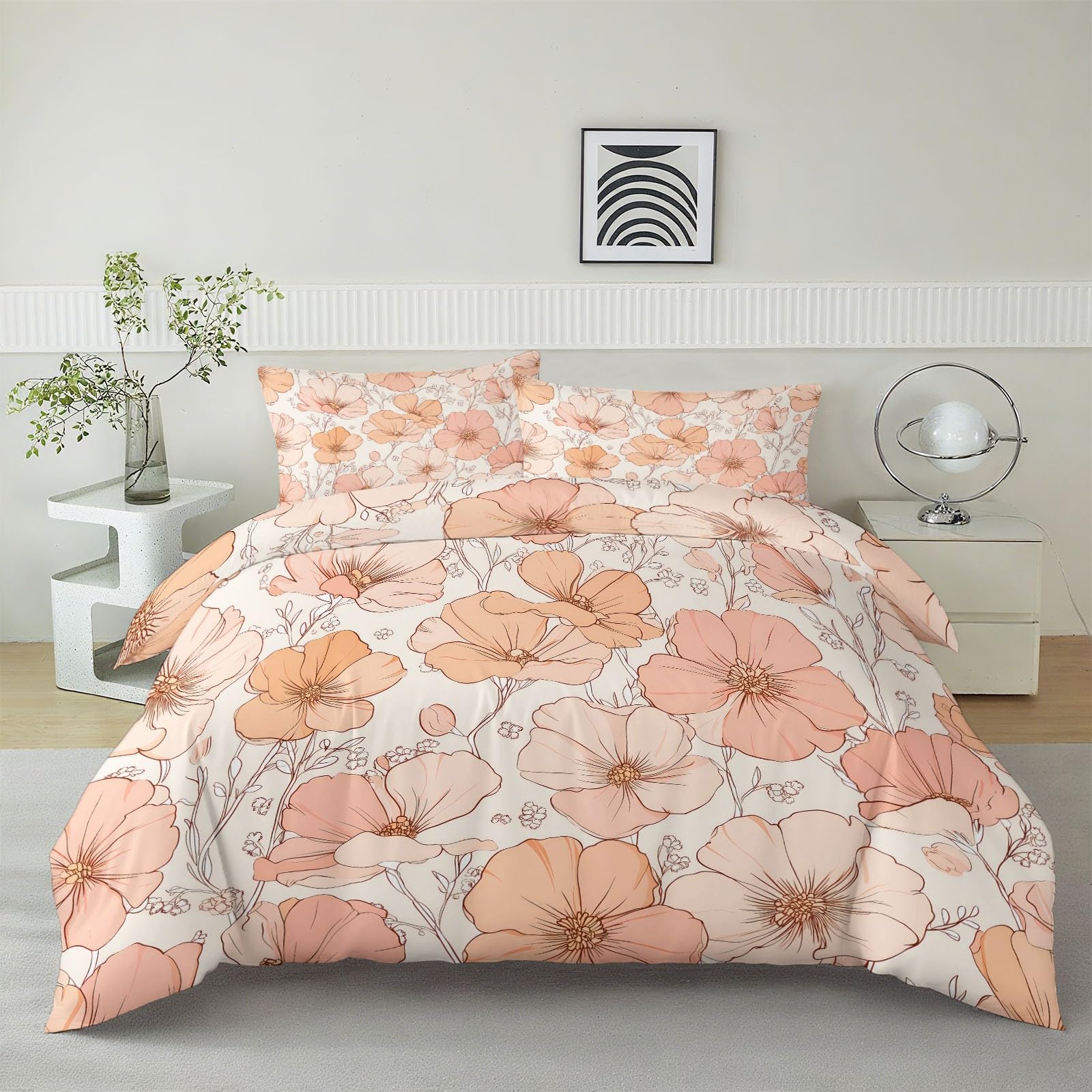 Housse de Couette 200x200cm au Motif Fleur Dessiné Main et Microfibre Douce