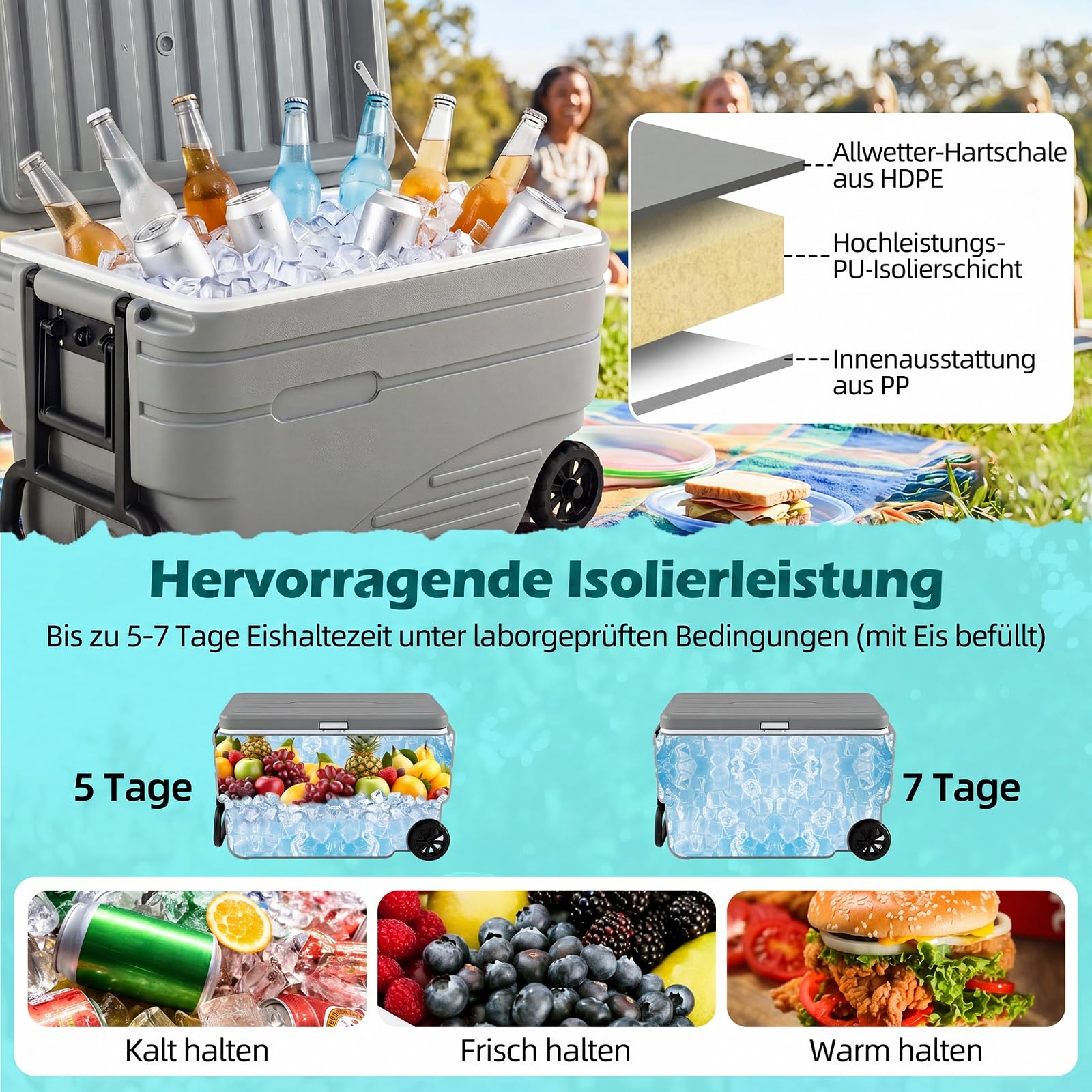 COSTWAY Tragbare Kühlbox auf Rollen, wetterfeste Isolierbox mit klappbarem Zuggriff & 2 leichtgängigen Rollen, Kühldauer bis zu 5-7 Tage, Outdoor Eiskühler für Camping, Angeln, Reisen, Picknick (80)