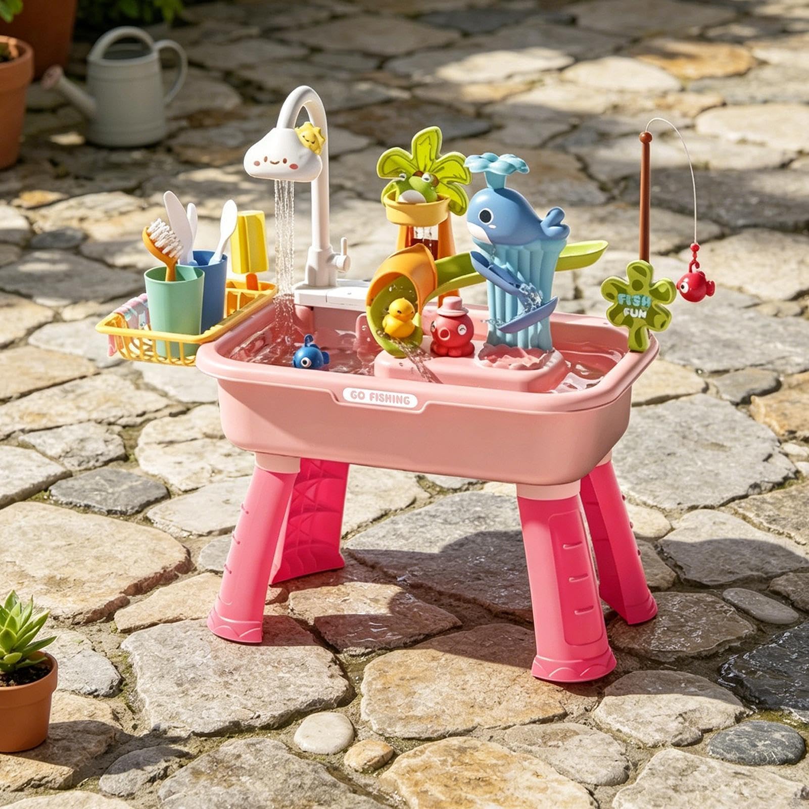 Table Eau Sable, Évier De Jeu Électrique Avec Pompe Électrique Et Robinet Et Eau Courante Avec 43 Pièces Accessoires De Jeux D'eau, Table Exterieur Jouet Sur La Plage Arrière Pour Les Enfant 3 Ans+