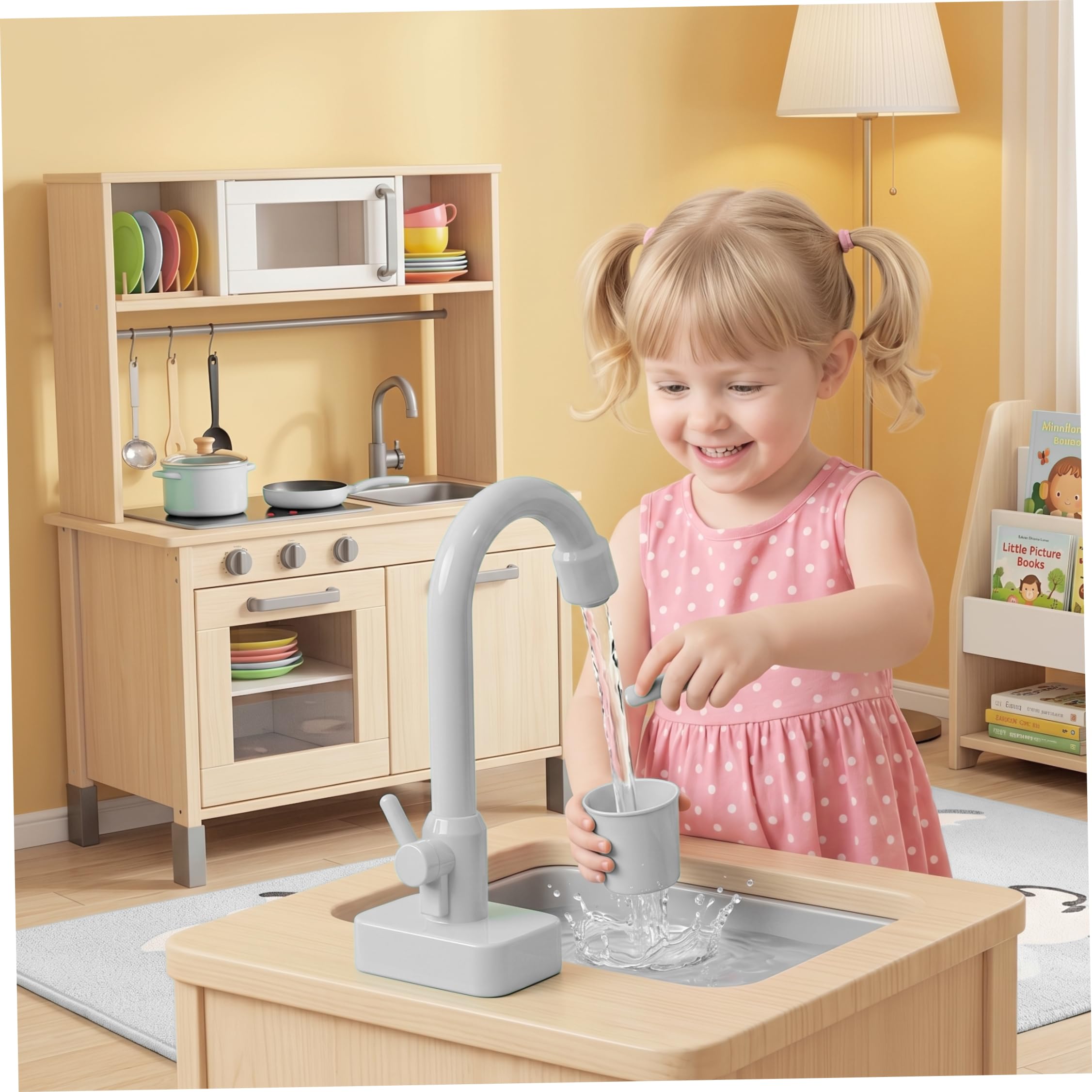 Lavello Giocattolo con Acqua Corrente, Rubinetto Elettrico Giocattolo con Acqua Corrente Circolante Lavandino da Cucina per Ragazzi e Ragazze, Bianco