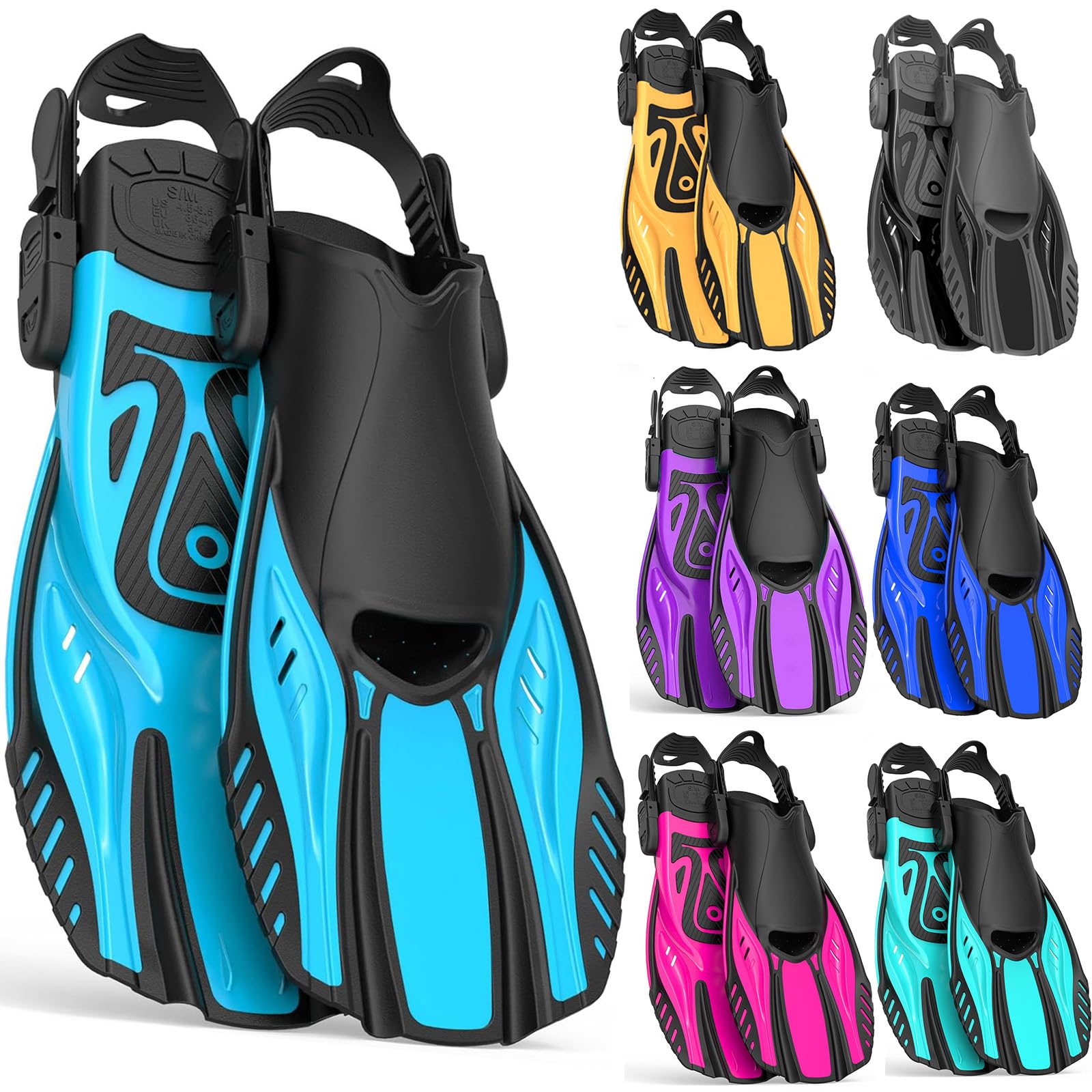 Snorkel Fins Diving Fins Adjustable Buckles Open Heel Swim Flippers Travel Size Short Swim Fins for Snorkeling Diving Swimming Adult Men Womens