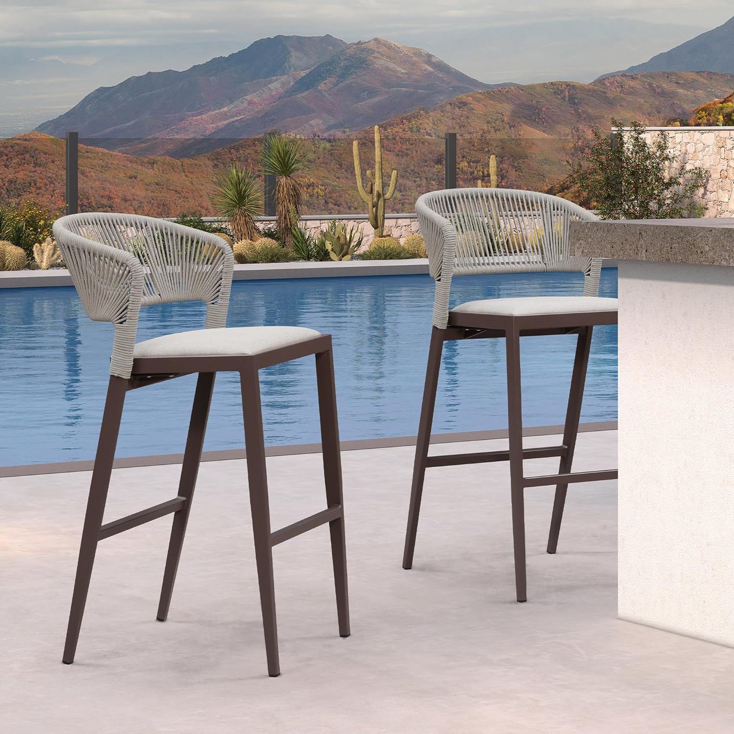 PURPLE LEAF Bar Stool Set of 2 Outdoor Bar Chairs with Footrest Bar Height Stools for Indoor Wicker Coffee Barstools