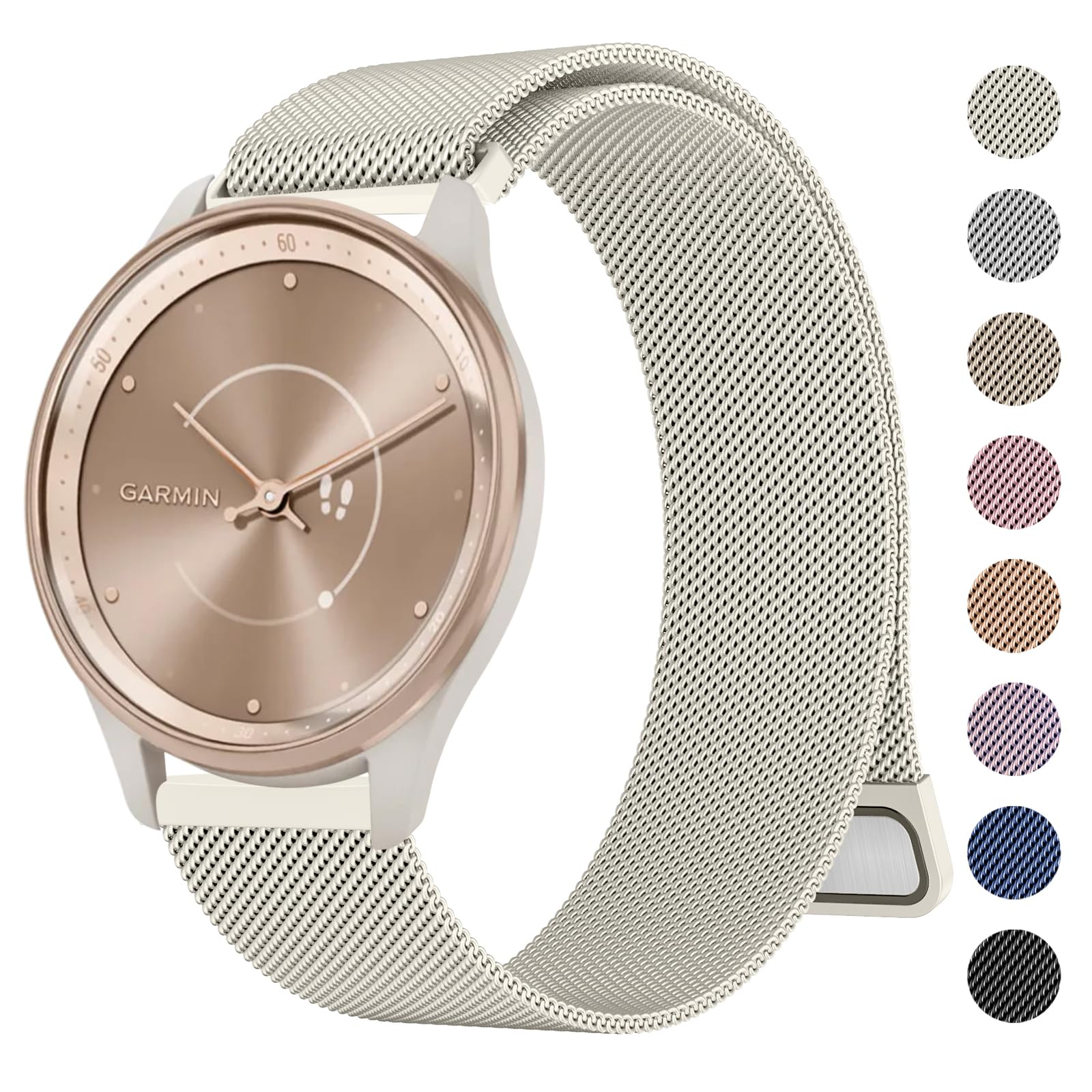 Tobfit Stainless Steel Milanese Mesh Watch Band for Garmin Vivomove 3/HR/LUXE/Sport/Trend, 20mm, Starlight, 6.3" - 9.5" (160mm - 240mm) Wrist