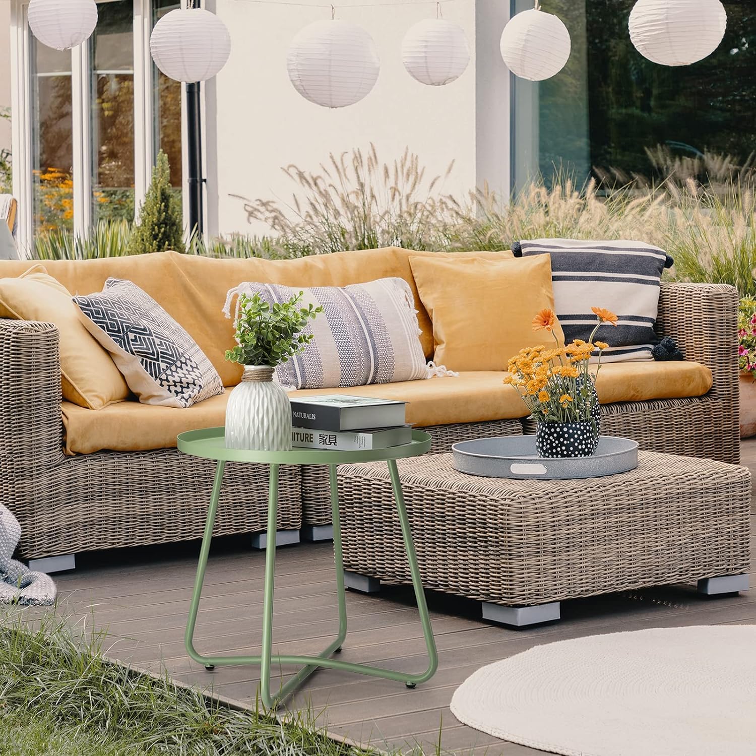 danpinera Tavolino per esterni, in acciaio resistente alle intemperie, piccolo tavolo rotondo in metallo per terrazza, cortile, balcone, giardino, comodino, verde