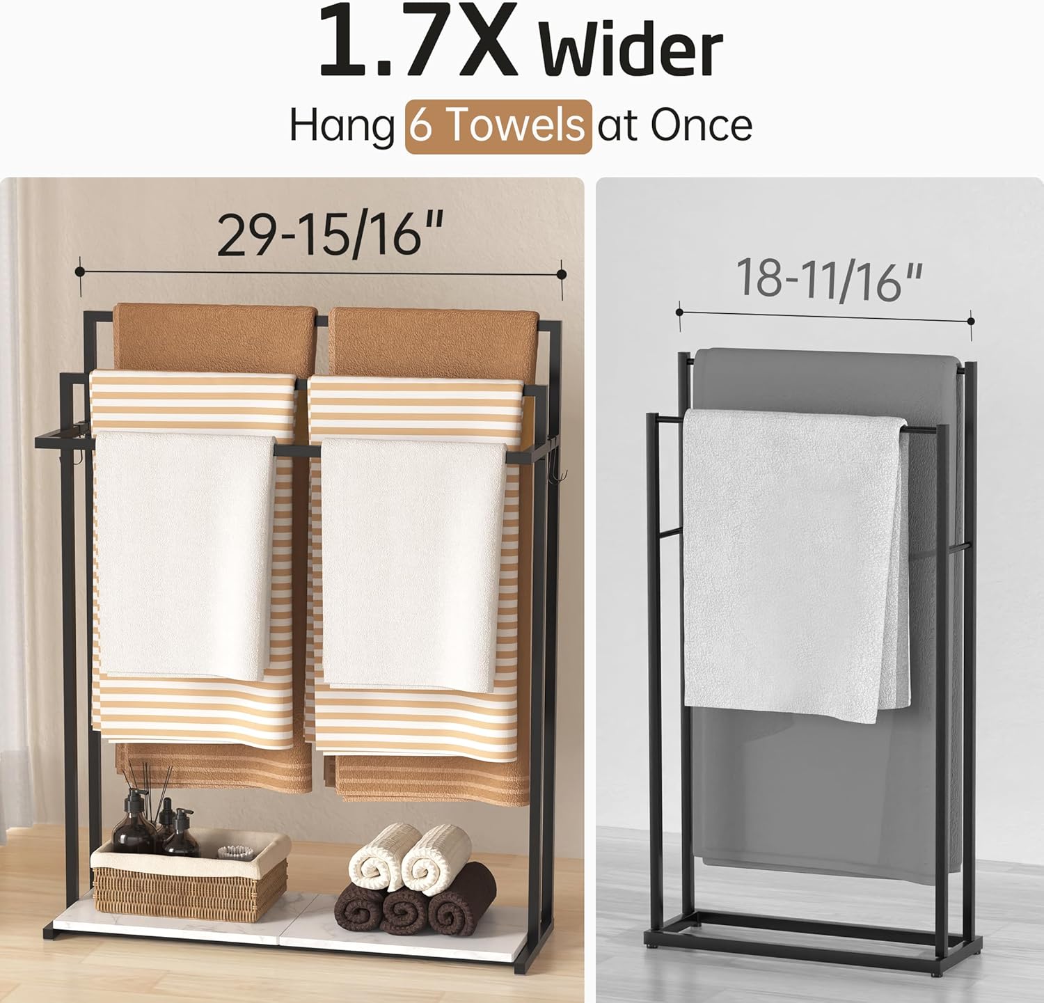 KES 44” Extra Large Free Standing Towel Racks for Bathroom, 3 Tiers Blanket Rack, Blanket Holder for Living Room with Weighted Marble Shelf & 4 Hooks, Black, BTH504-BK