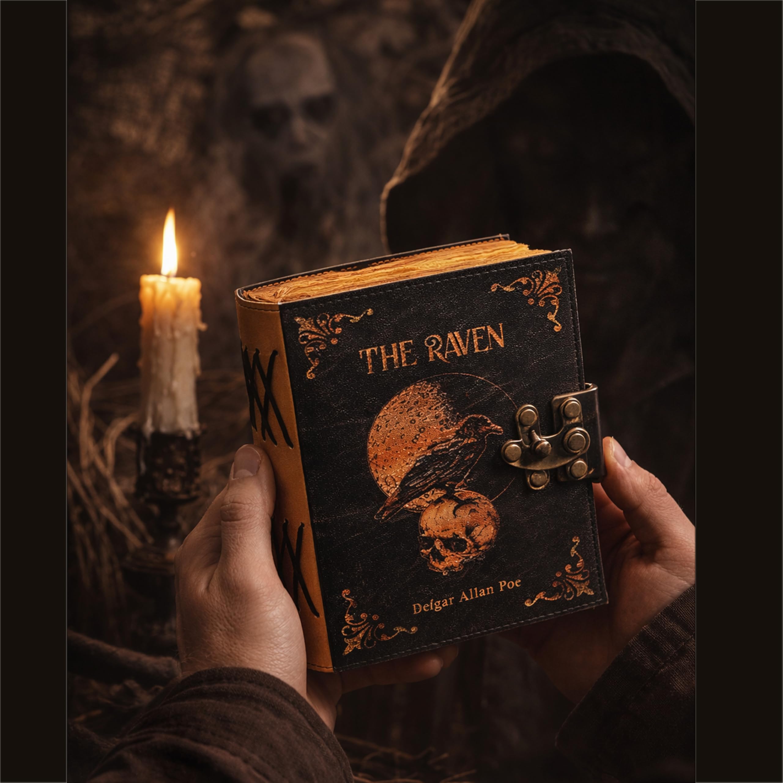 Diario gotico in pelle con teschio di corvo magico, diario a spirale con corvo, diario di grimorio, stregoneria, magia, ideale per gli amanti di Halloween e corvi, diario estetico in pelle per uomini