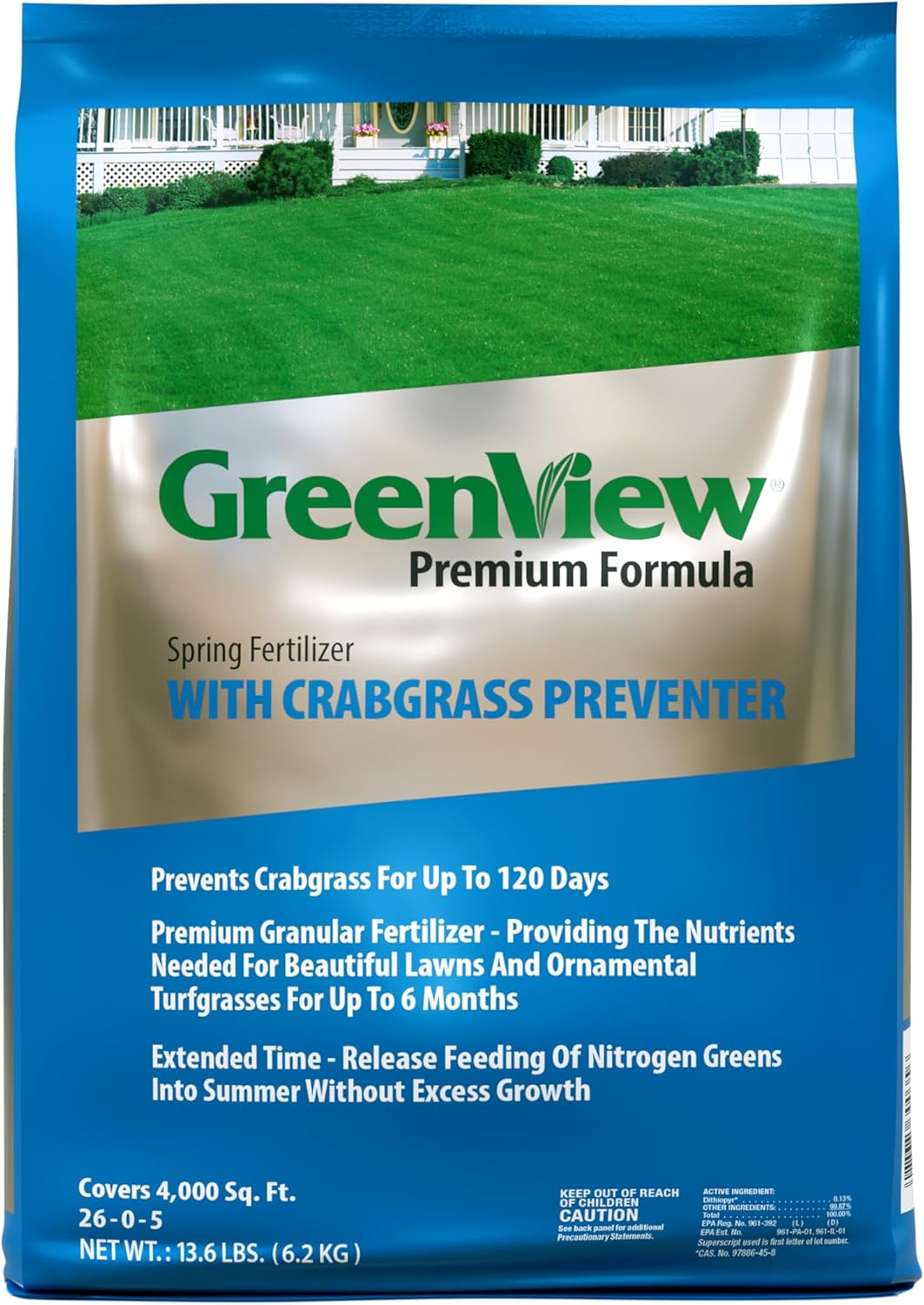 GreenView Premium Formula Spring Fertilizer with Crabgrass Preventer 26-0-5, 13.6 lb Bag - Covers 4,000 sq. ft.