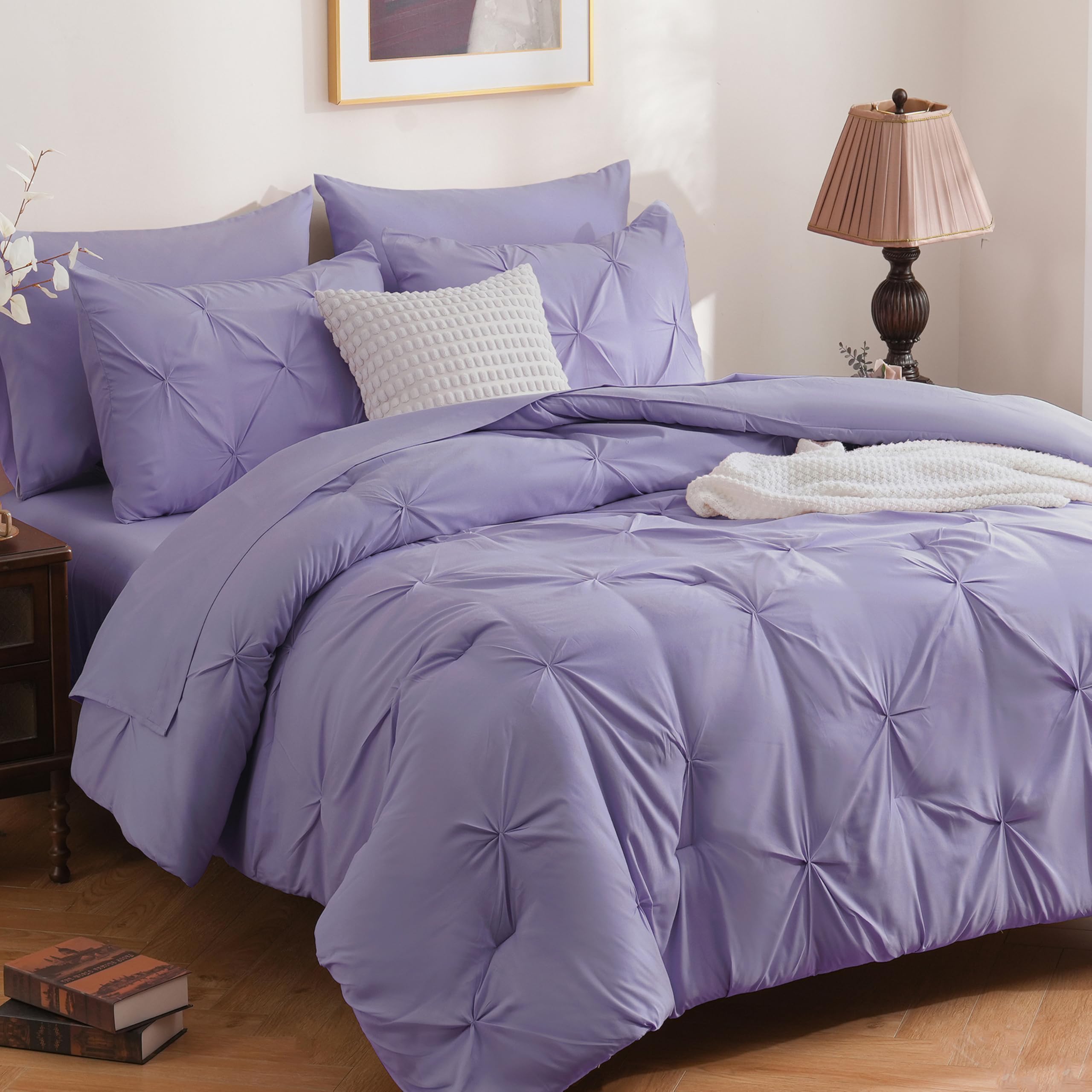 DOWNCOOL 7 Pieces King Size Comforter Set, Pintuck Lavender Purple Bed in A Bag, Pinch Pleat King Size Bed Set, All Season Bedding Sets with Comforter, Flat Sheet, Fitted Sheet, Pillowcases & Shams