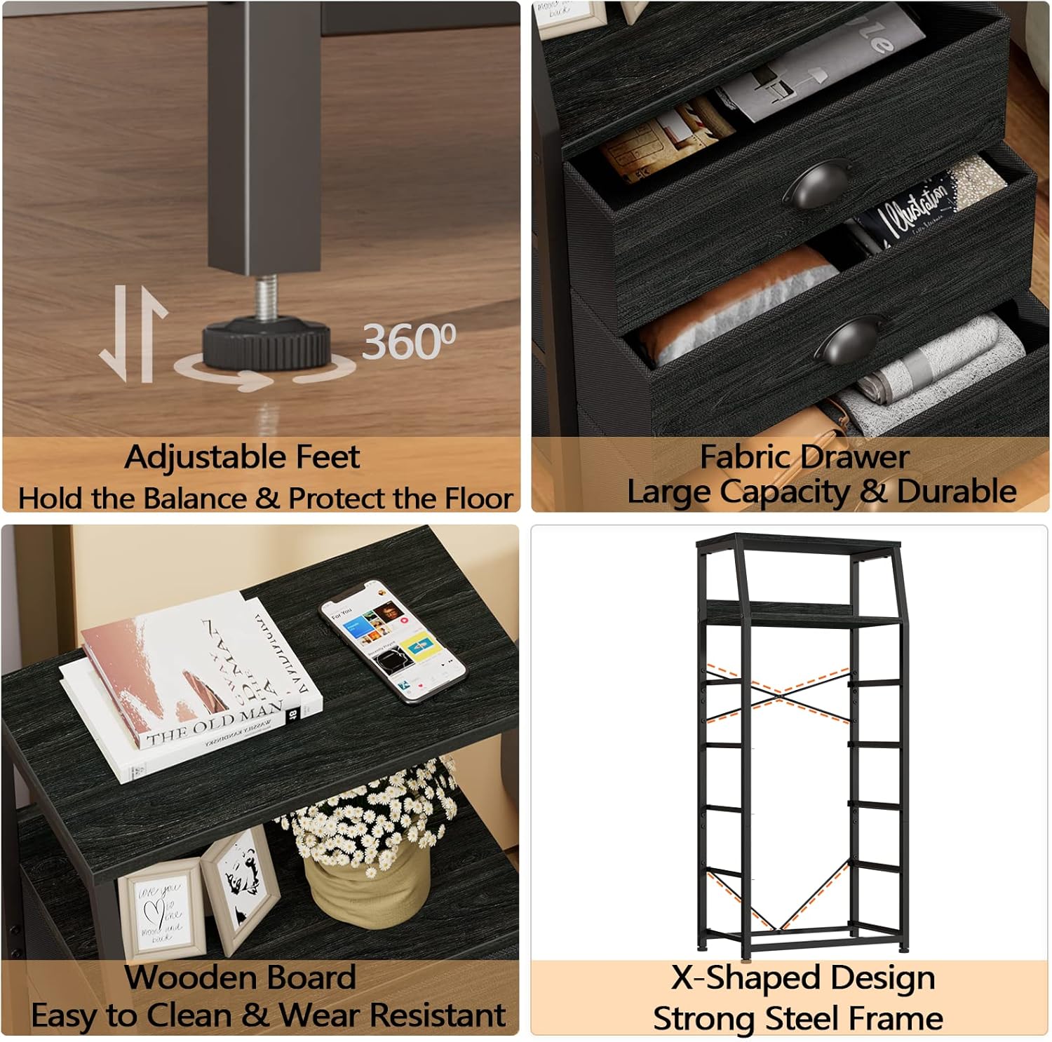 Furnulem Black Dresser with 5 Drawers, Vertical Storage Tower Fabric Dresser for Bedroom, Hallway, Entryway, Nursery, Closet Organizer, Nightstand Bedside Table Furniture, Sturdy Steel Frame, Wood Top - Image 5