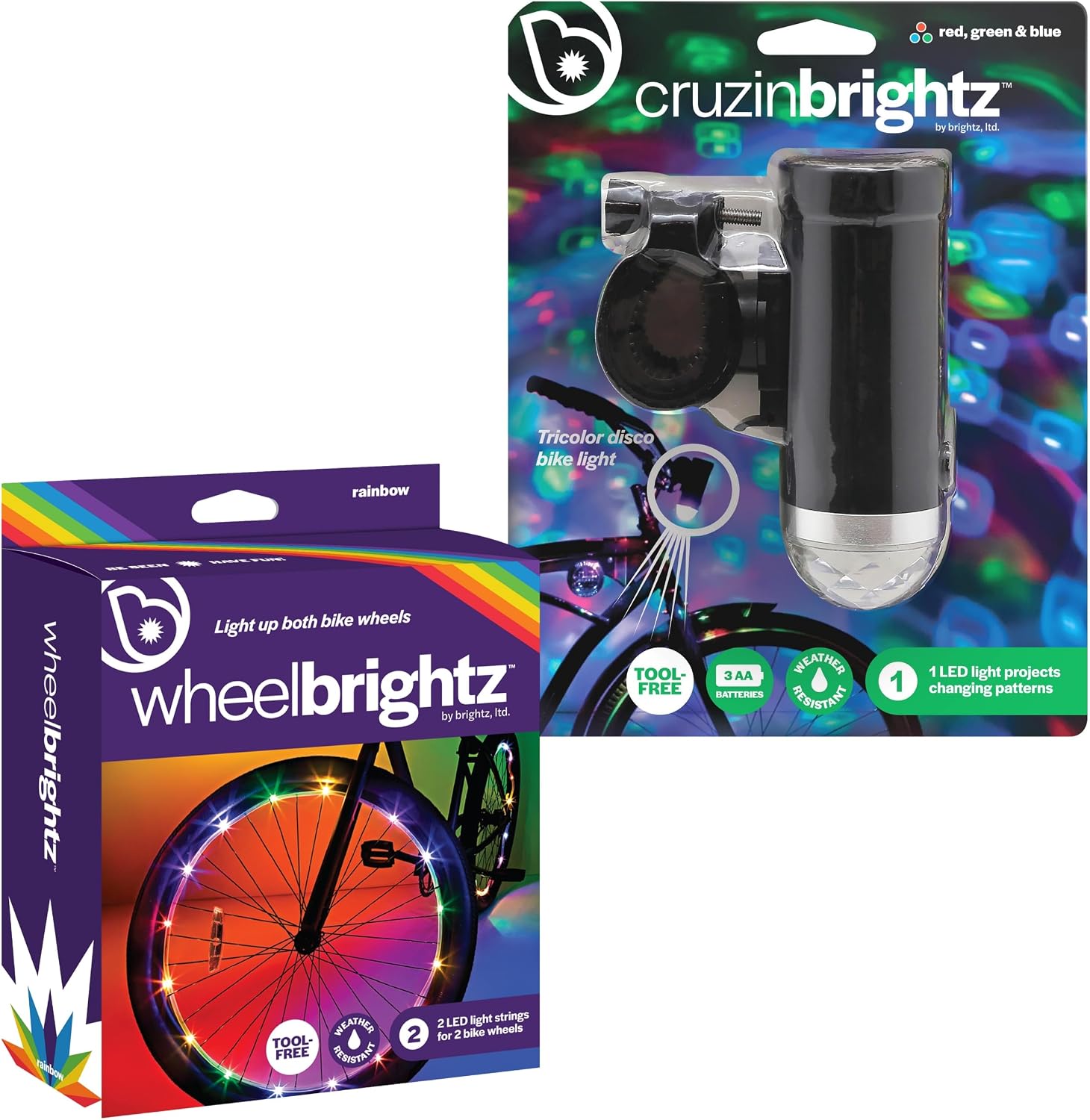 Brightz Ultimate Bike Light Bundle - Includes WheelBrightz Rainbow LED Bike Wheel Lights 2-Pack & CruzinBrightz Disco LED Bike Light - Universal Fit, Easy Install, Long Battery Life