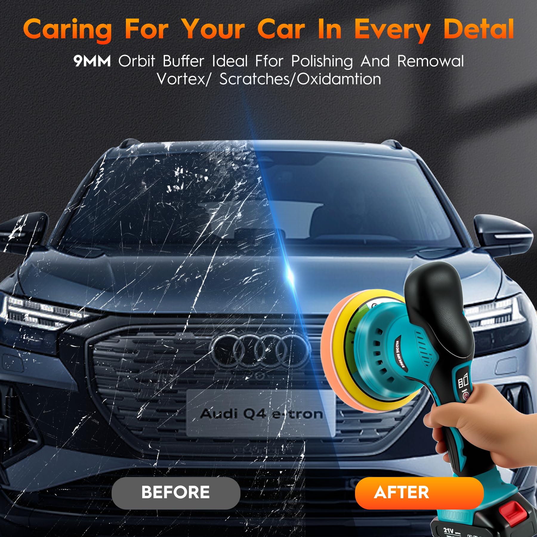 Lucidatrice Auto a Batteria da 6 Pollici, Lucidatrice Rotorbitale Auto da 21 Accessori, Levigatrice Orbitale a Batteria a 8 Velocità e 6000 RPM Per la Cura dell'Auto, Lucidatura, Ceratura, ecc