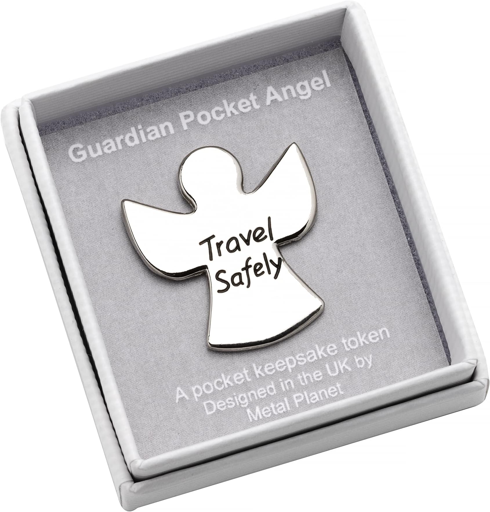 Travel Safely metal keepsake pocket token in a presentation box