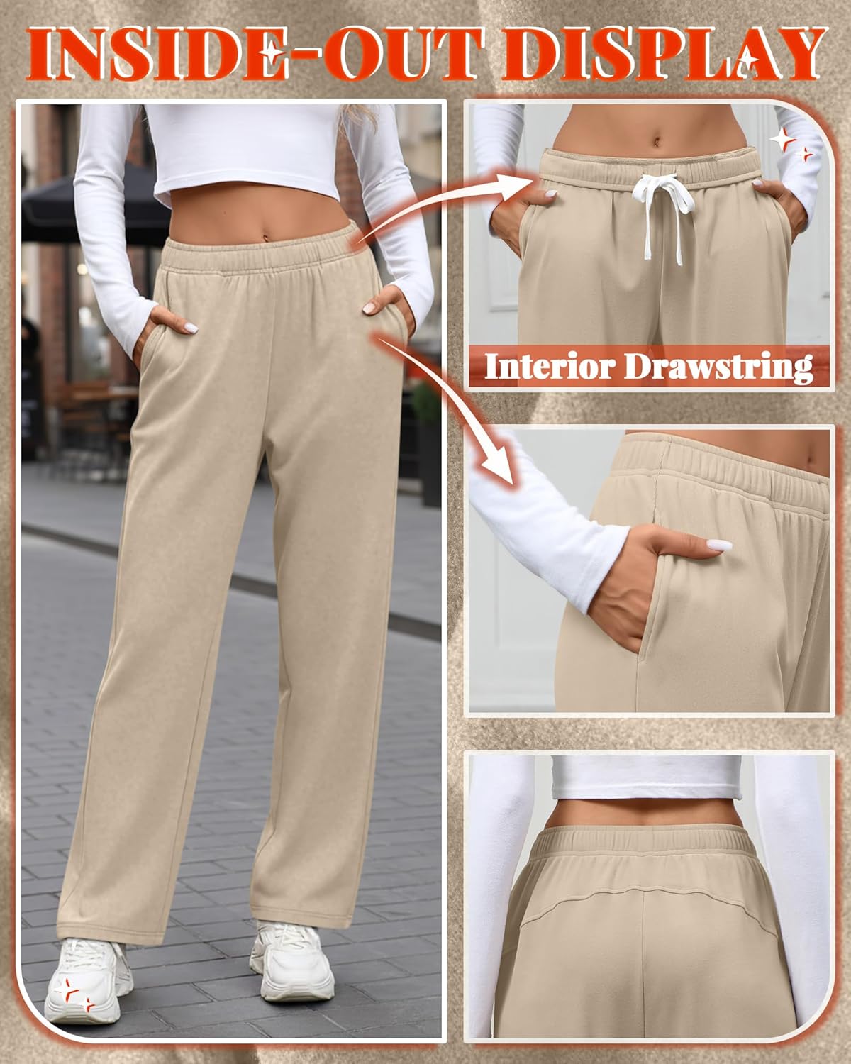 4 Pack Women's Fleece Straight Leg Sweatpants, Open Bottom Thermal Baggy Pants Lounge Drawstring Pants with Pockets - Image 5