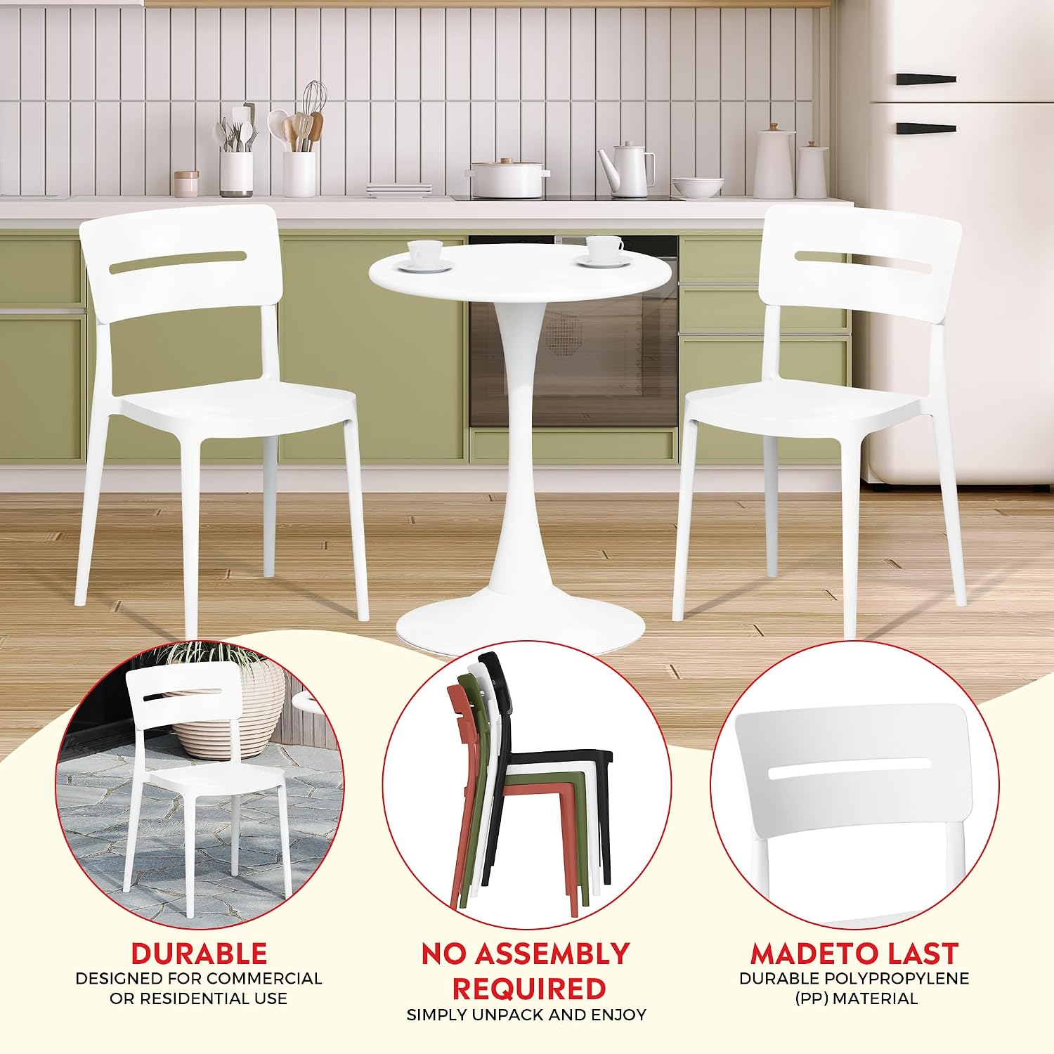 Costaelm Dining Room Chairs Set of 2, Stackable Balcony Chairs Set of 2, Modern Outdoor Seating Furniture Front Porch Lawn Balcony Yard Dining Side Chair for Kitchen Restaurant, White