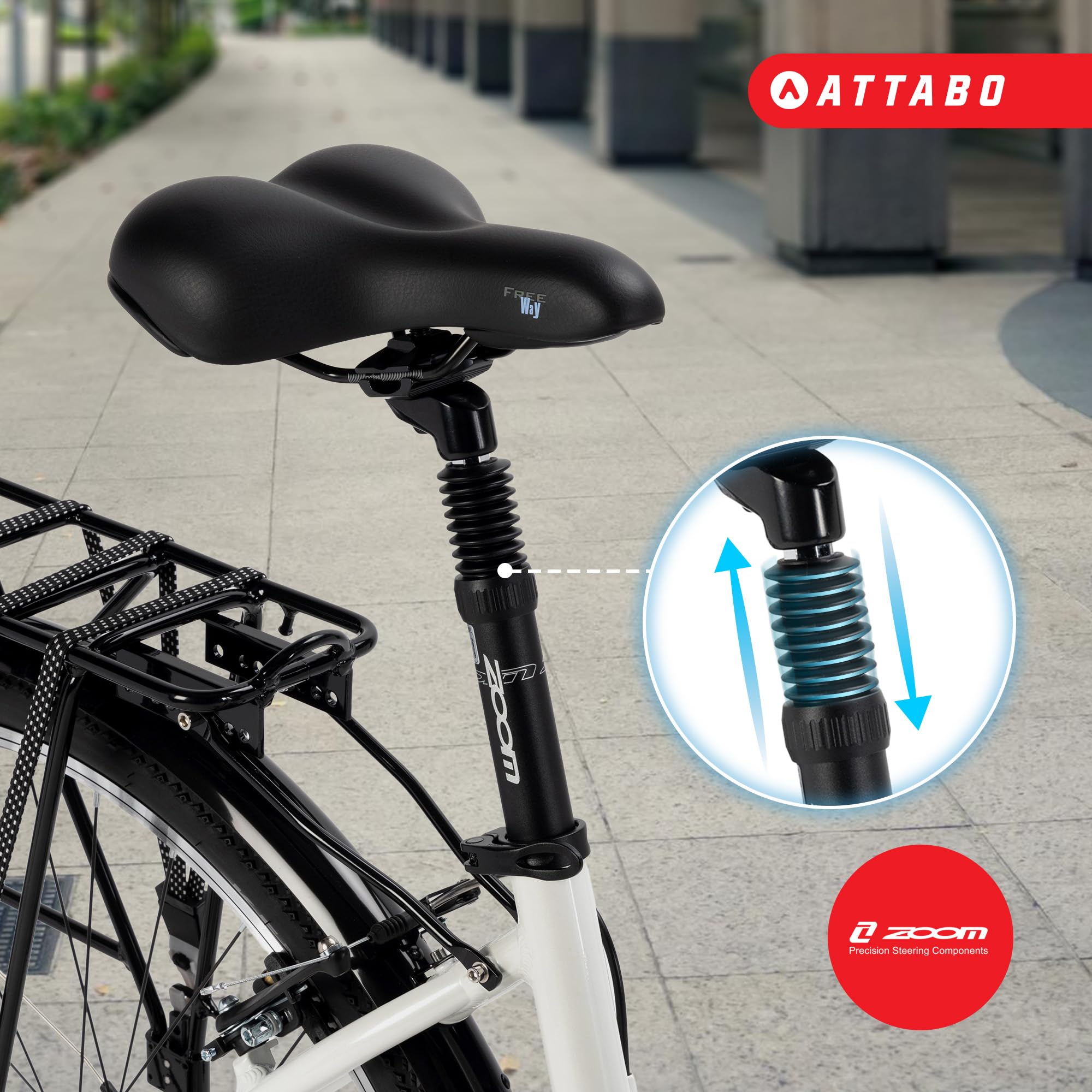 ATTABO Bicicletta da trekking da donna con telaio da 17"|19" Bici Donna con Manubrio ergonomico Bici Trekking con ruote da 28" con portapacchi posteriore Campanello catarifrangenti Bianco|Blu
