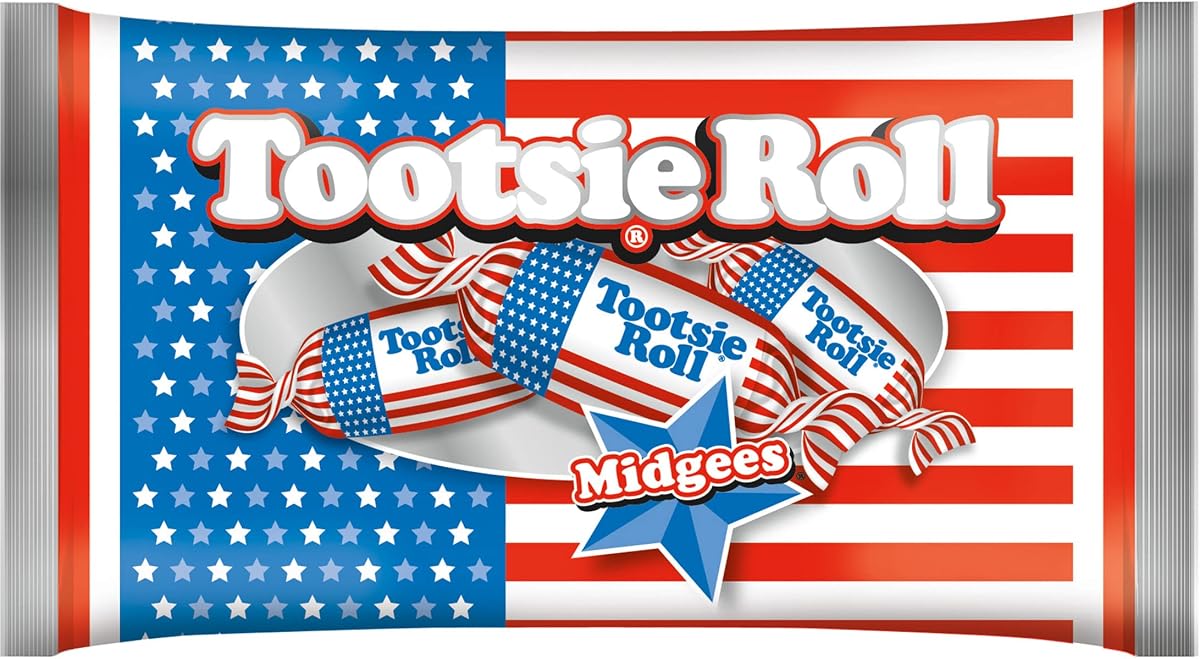 Bandera Tootsie Roll Midgees, embalaje rojo, blanco y azul, 11 oz. Bolsa | Caramelo de chocolate masticable, envuelto individualmente, tamaño de golosina, sin maní, kosher, sin gluten