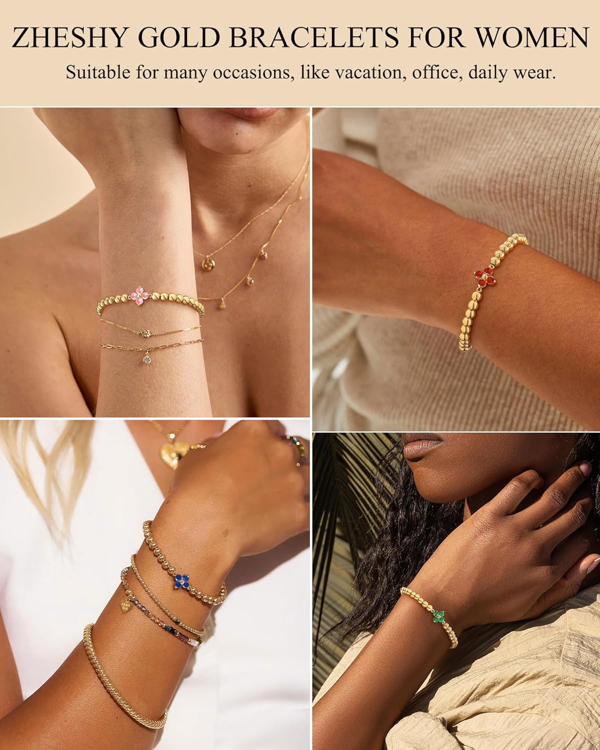 Birthstone Gold Bracelets for Women Trendy Clover Charm Bracelets Non Tarnish 14K Gold Plated Stretch Beaded Friendship Bracelets Womens Jewelry Valentine's Day Gift - Image 6