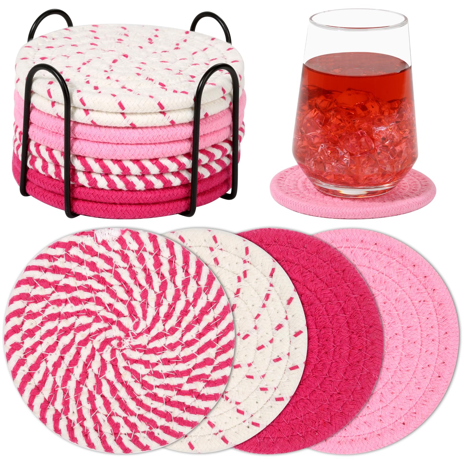 Mckanti 8 Pack Coasters for Drinks Absorbent with Holder, 4 Colors Minimalist Home Decor Cotton Woven Coasters for Tabletop Protection, 4.3 Inches