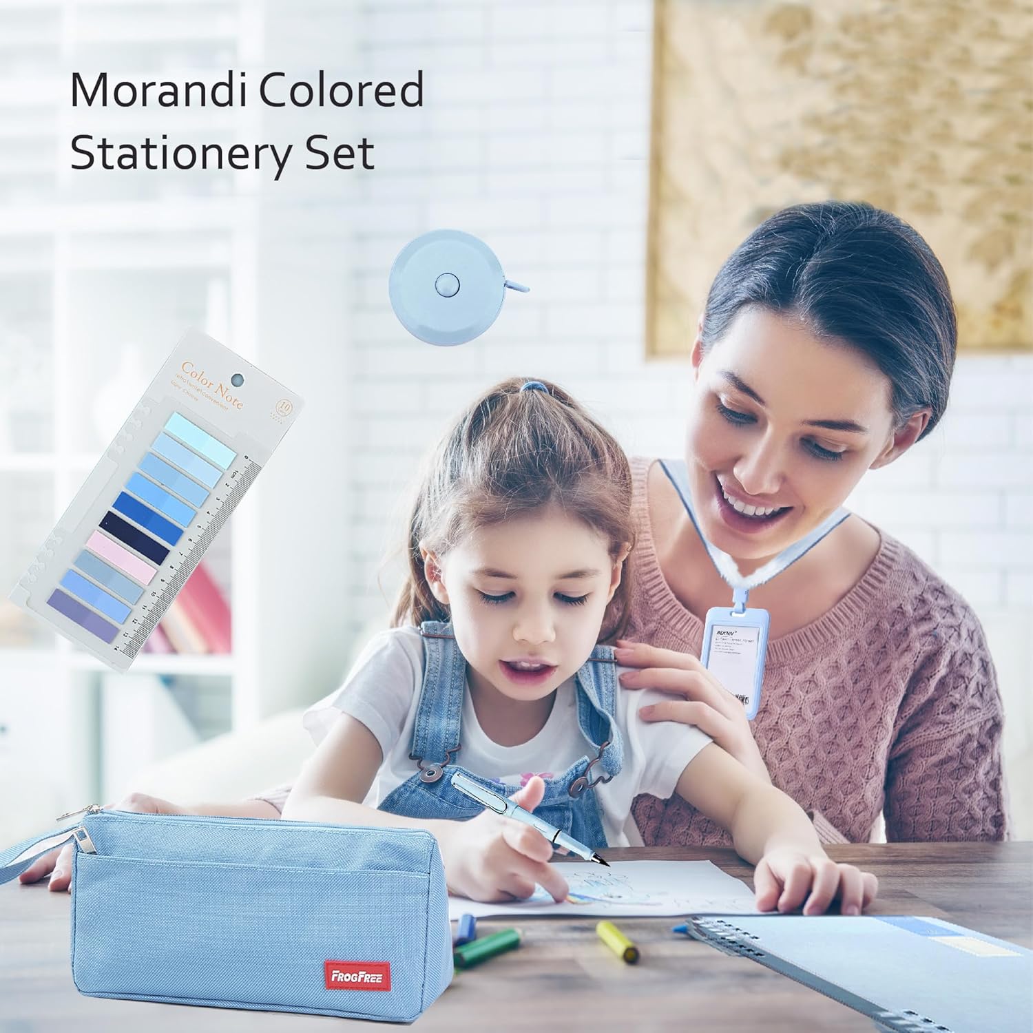 45PCS Morandi Color School Supplies Set with Notebook, Gel Ink Rollerball Pens, Pencil Cas, ID Badge Holder, fluorescent pens,Pencil, Erasers, Clip, tape measure, pen core - Image 4