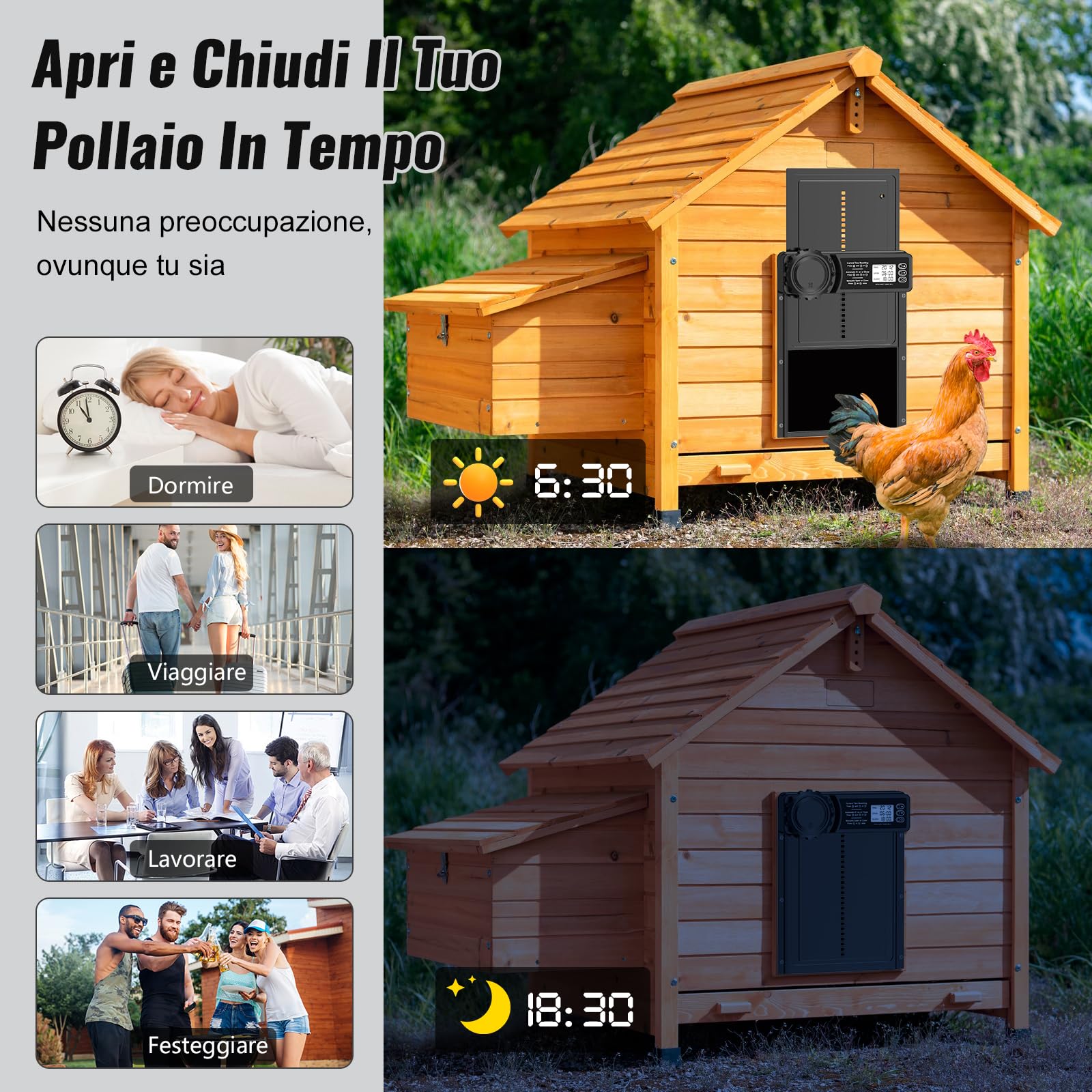 Porta Pollaio Automatico con Display, Timer, Antipizzicamento, Impermeabile