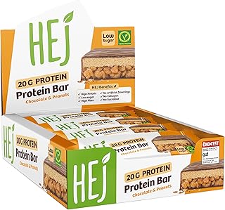 HEJ 20g Protein Bar Chocolate & Peanuts 12x60g – Proteinriegel mit 20g Protein pro Riegel – Low Sugar Eiweißriegel – Vegetarisch & ohne Palmöl – Ohne Zuckerzusatz & ohne künstliche Aromen
