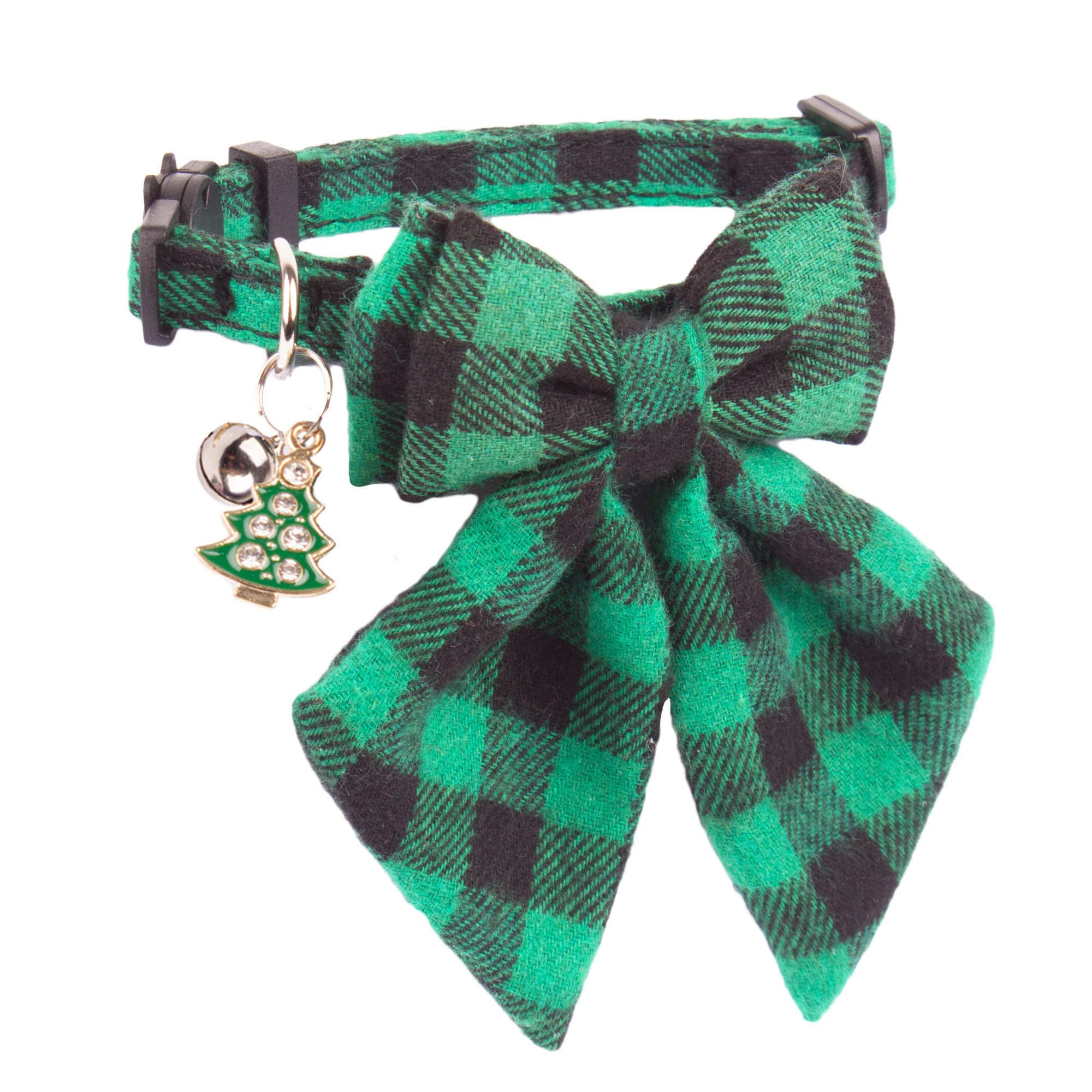 Weihnachts-Katzenhalsband Mit Fliege/Blume – Sicherer Schnellverschluss, Verstellbar 17,8–27,9 Cm, Grün Kariert