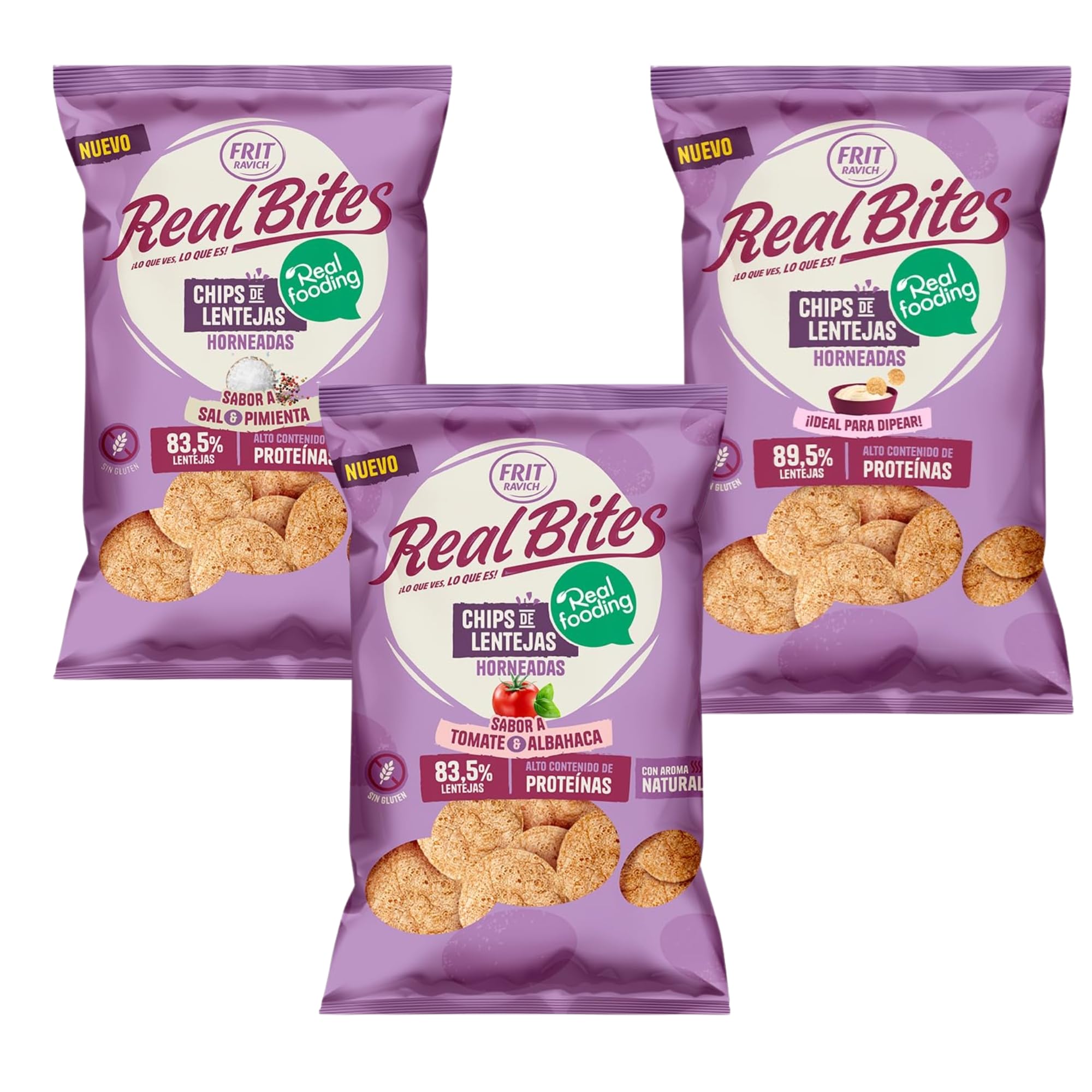 Chips de Lenteja RealFooding - Caja 6 Paquetes - Sabor: Tomate y Albahaca. 6 Bolsas x 80 gramos. Chips de Lenteja al 86% Horneados - RealBites - Sin Gluten