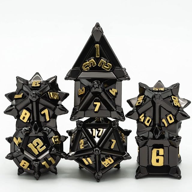 Cusdie Metal Dice Set, 7 Pcs DND Metal Dice, Pinwheel Design Polyhedral Dice Set, for Role Playing Game D&D Dice (Black Golden)