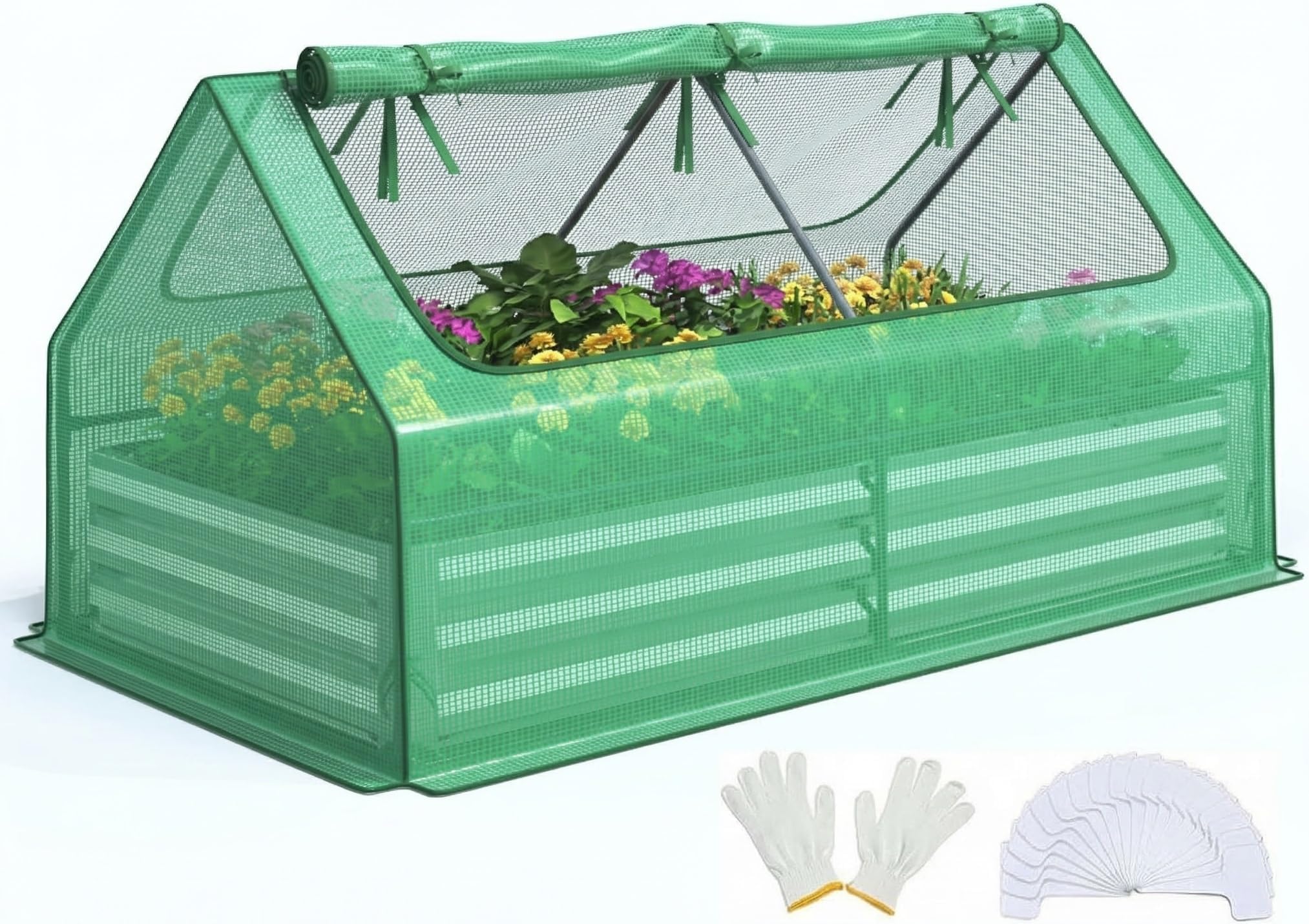 6x3x1ft Galvanized Raised Garden Bed with Cover Metal Planter Bottomless Box w/ 2 Large Screen Windows Mini Greenhouse 20pcs T-Tags 1 Pair Gloves Outdoor Growing Vegetables (Green)