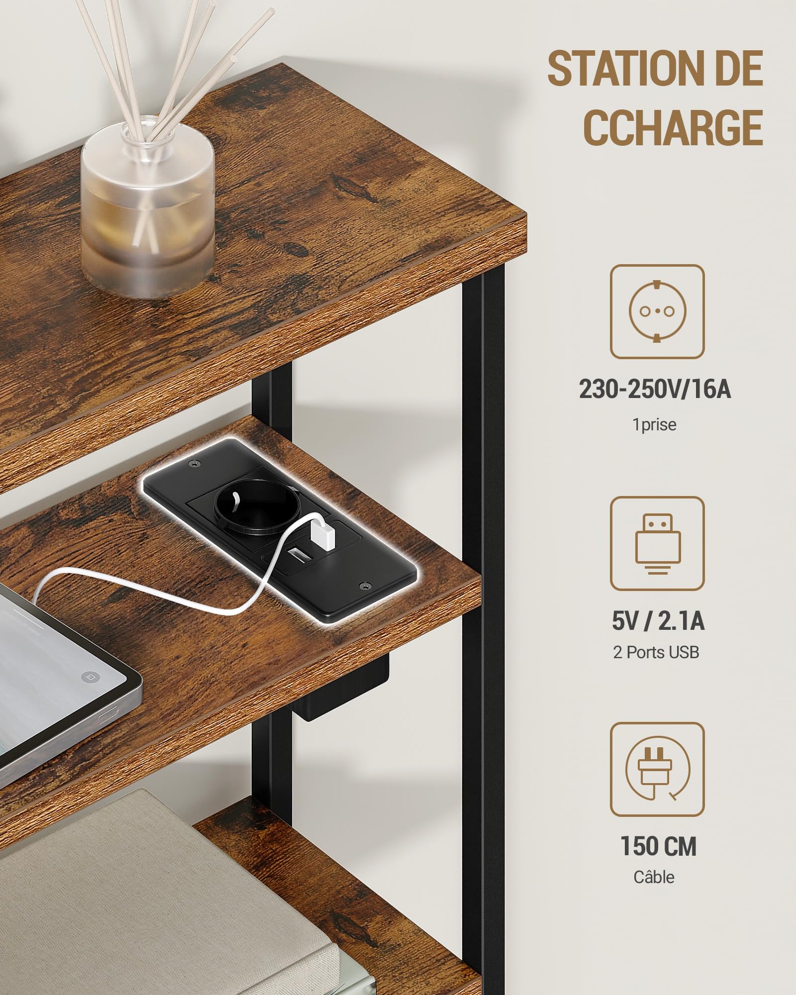 Hzuaneri Table d'Appoint Fine, Bout de Canape à 4 Niveaux avec Porte-revues et Prise de Recharge, Table d'Appoint Adaptée aux Salons, Chambres et Bureaux, Marron Rustique ET40001BEU