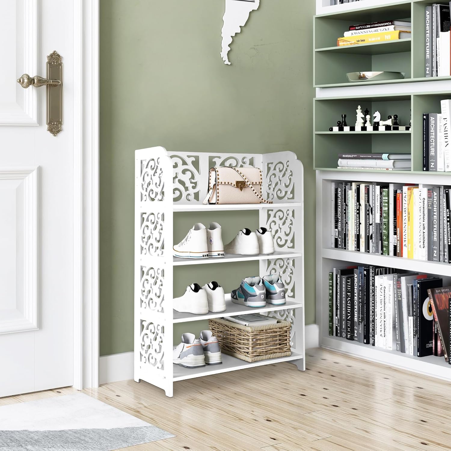 MASAKA Trading Wood Plastic Board Hollow Carved Shoe Rack White Storage Organizer Shelf for Narrow Entryway Boots Holder Living Room Hall Study Bedroom 4-Tier(26×9.5×16.5 inches