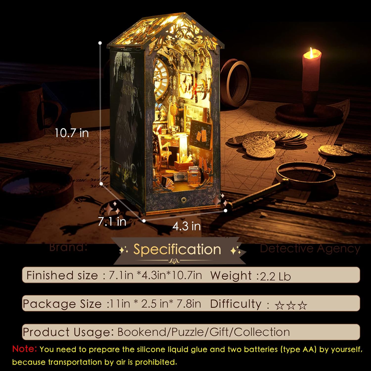 DIY Book Nook Kit, Booknook Shelf Insert Book Nook DIY Miniatures Kit Light Up Bookends Book Nooks DIY Dollhouse Bookshelf Insert Kit for Adults (Detective Agency)