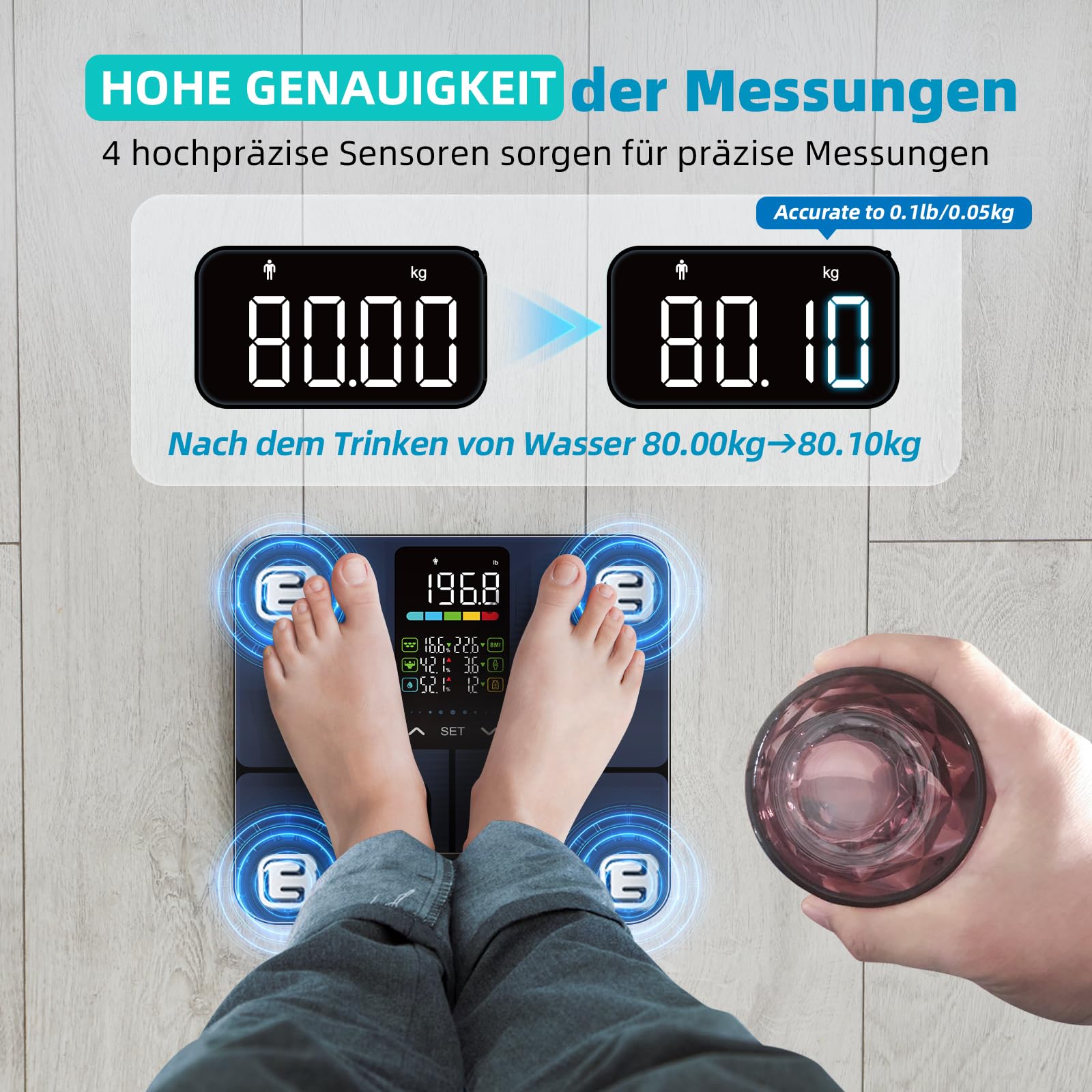 Körperfettwaage ohne App, 5.44''Großes Display, Körperanalysewaage 227kg | Lepulse Waage mit Körperfett und Muskelmasse, Körperwaage mit 10 Benutzer-IDs, SET-Taste Einstellung, 8 Körpermaße