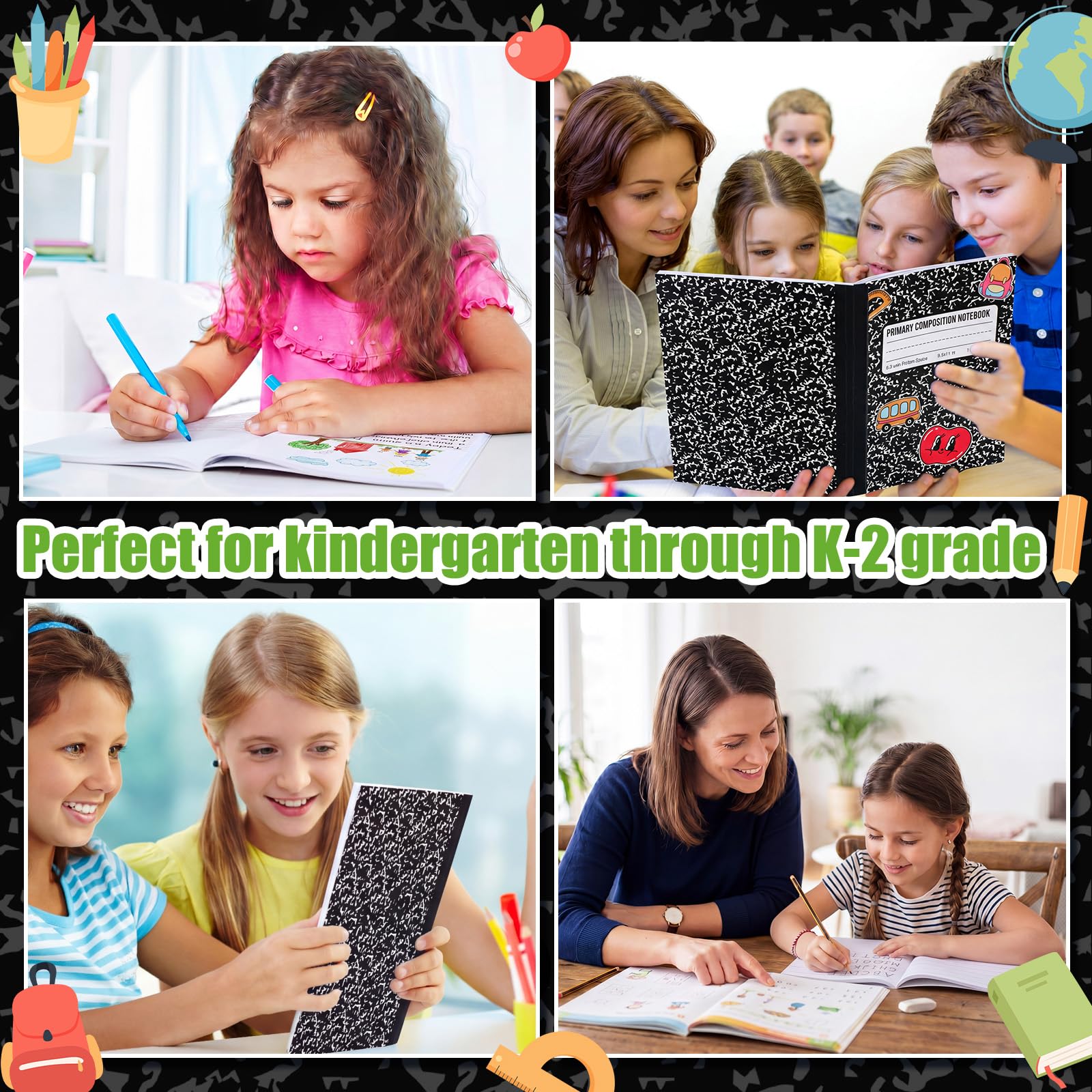 Gueevin Lot de 6 carnets de composition primaire en marbre noir avec espace photo en vrac pour les classes K-2 110 pages 21,6 x 27,9 cm Demi-journal primaire K-2 histoire de dessin pour la rentrée