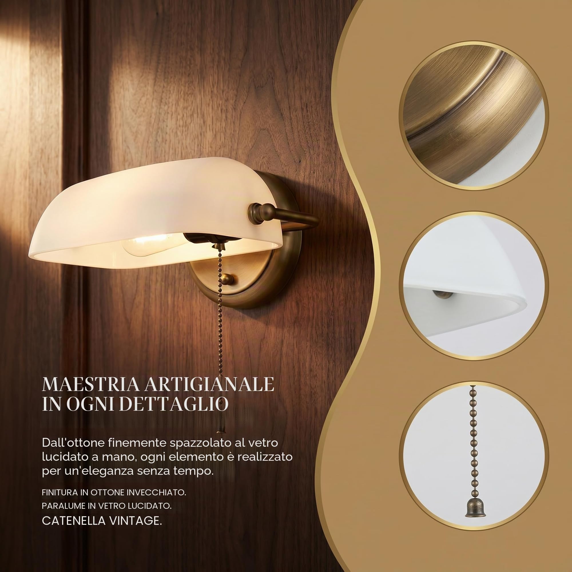 Applique da Parete Vintage “BANQUERO” con Paralume in Vetro Bianco, Base in Ottone Anticato, Paralume Orientabile, Interruttore a Catenella – Compatibile con Lampadina LED E27